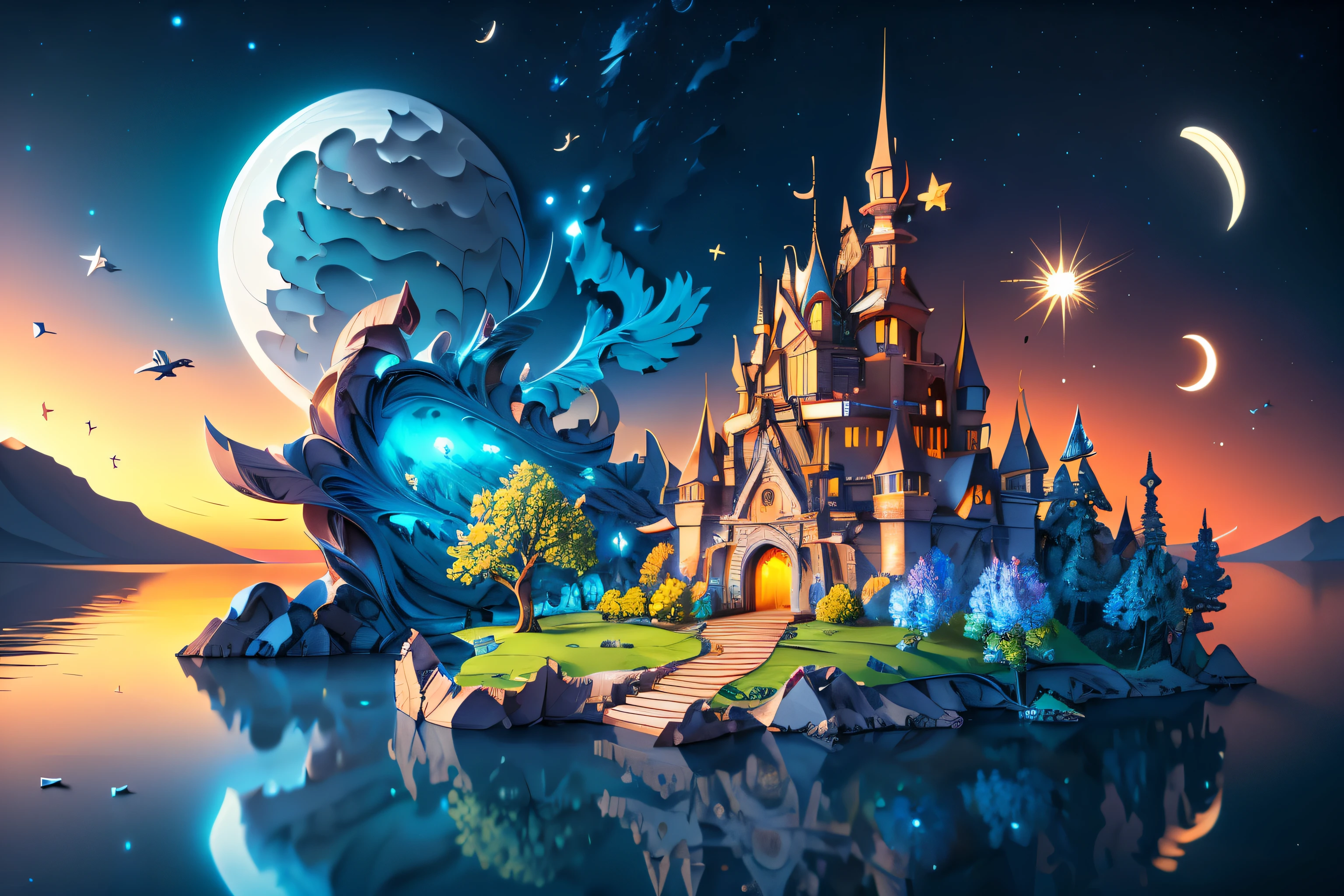 (((masterpiece))),best quality, illustration,  sky, cloud, water, star \(symbol\), tree, no humans, night, bird, moon, building, star \(sky\), night sky, scenery, starry sky, watercraft, castle, ship, waves, tower, boat. vibrant color scheme, Soft light,(warm color:1.2),Water color painting, light background, best quality exquisite details,3d rendering,Octane render, pastel, paper_cut