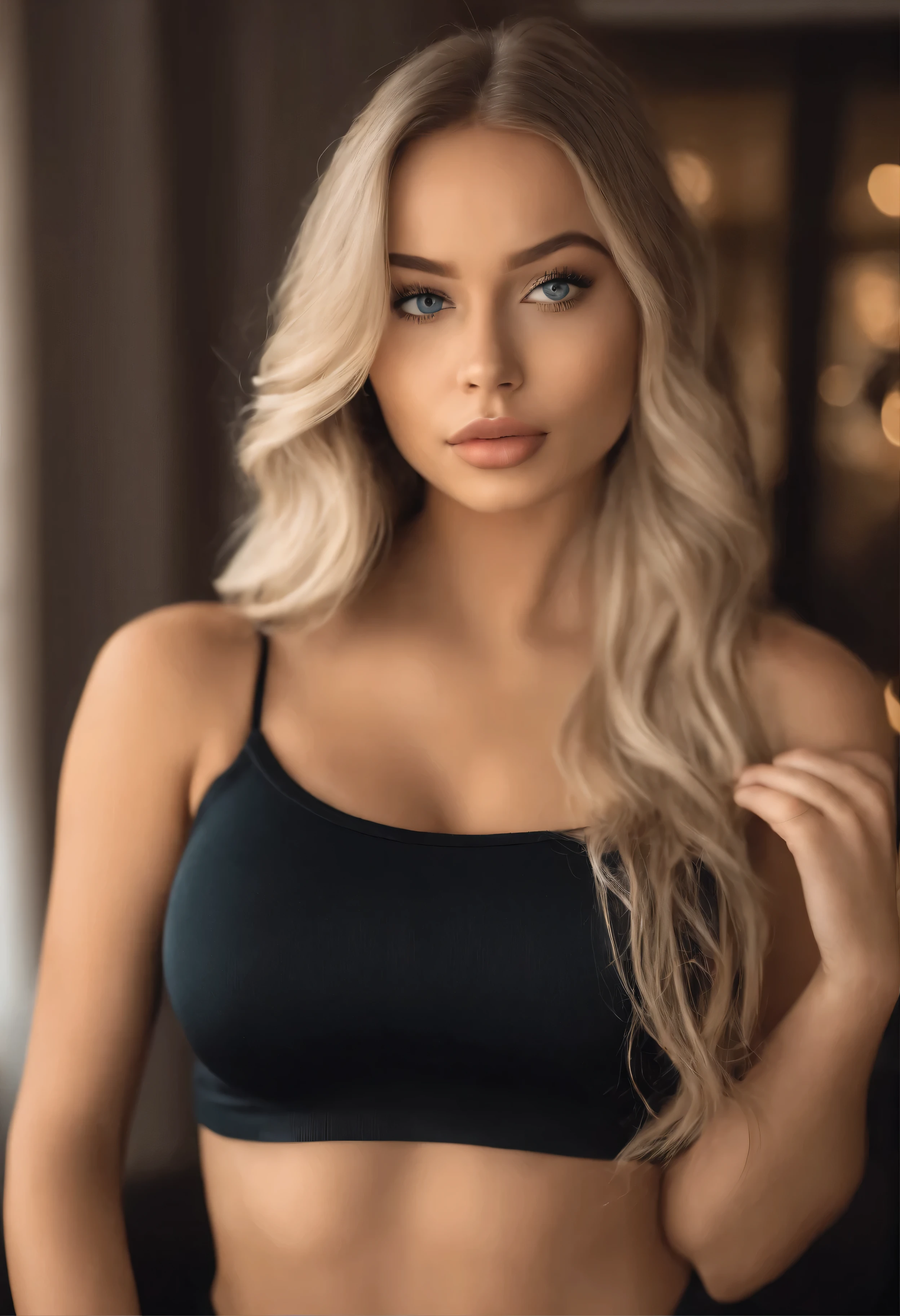Female natural、platinum blonde hair, wet hair, dark tanned skin, crystal blue eyes, loosefitting pyjama top、Long pyjama pants、looking at the camera, relaxing on a couch with a glass of wine, Happy and relaxed look, Sunday night, glass of wine.