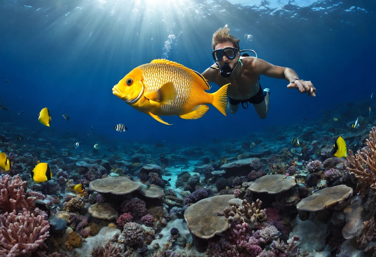 Explore the mysteries of the ocean world。Best quality photo quality.ultra high definition, anatomically correct, high detail, masterpiece, Cinema scene wide angle lens, Super wide angle snorkeling man with tropical fish( close up ) Detailed HD