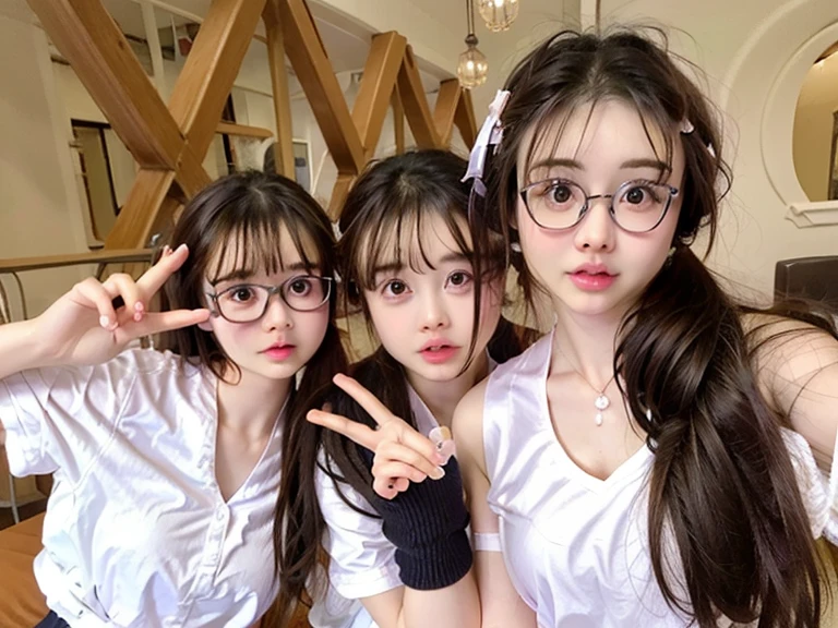 Three girls taking selfies with their mobile phones, student, wear glasses, The face is wet!!, 8k自拍photo, !!wear glasses!!, Very very low quality picture, wear glasses的, photo, Very very low quality, 3. Joy, Wearing round glasses, 用户photo, Wearing small round glasses, Shot with Sony alpha 9