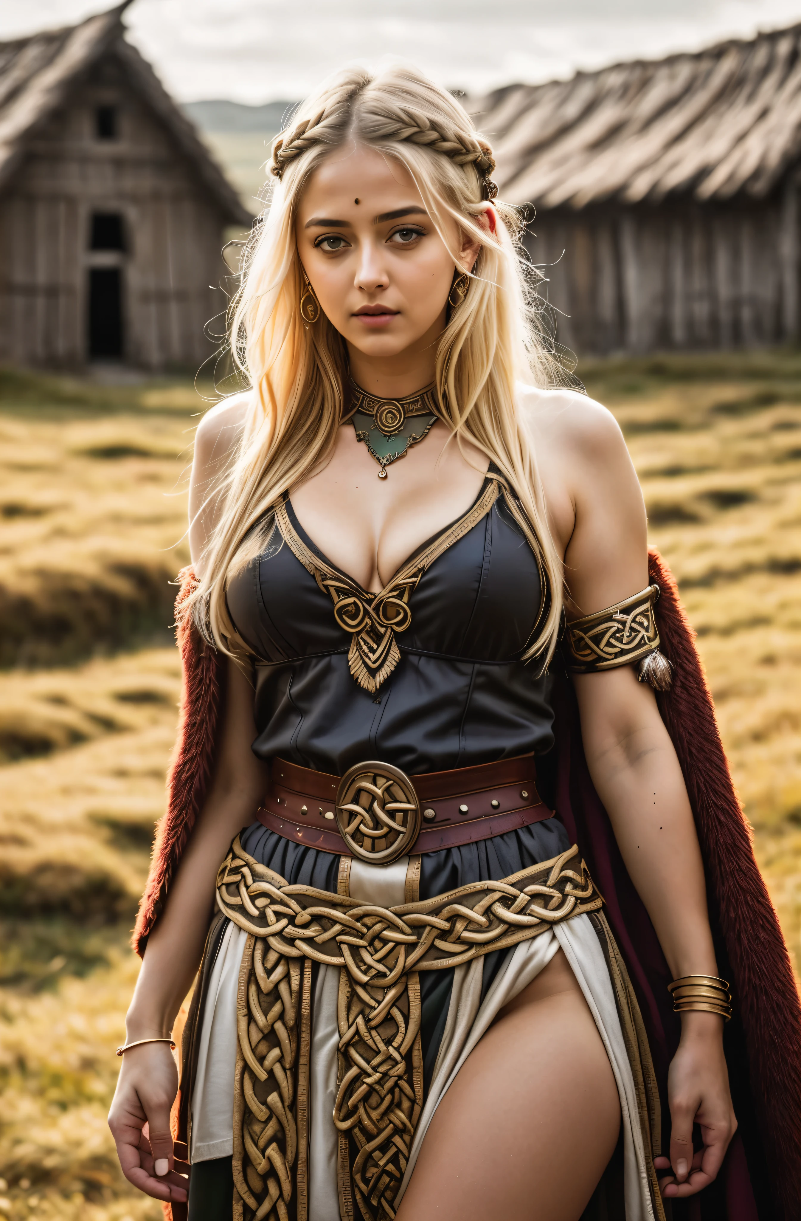 Looks like Anushka Shetty, Masterpiece, a beautiful Viking woman, pierced eyes, (high detail plunging Celtic gown), (medium breasts), (perfect body), (blonde matted hair), (short hairstyle), outside, (skin texture:1.1), best quality, ultra high res, Raw photo, Nikon D850, backlight, rimlight, bright sunlight, film grain:1.2, (warm hue, warm tone:1.2), (color photo), fantasy Viking village background