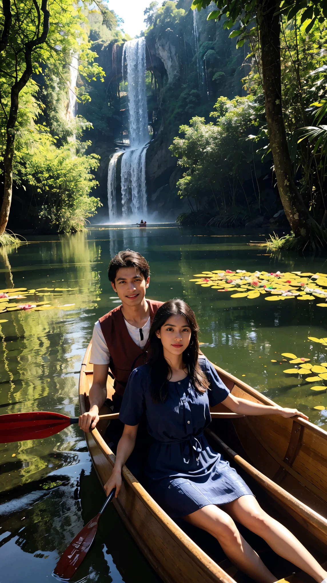A man and a woman in a canoe with a woman in her 30s wears dress code, em um vazamento, com uma ponte ao fundo, Rio calmo, Photographic quality, 4k, altamente detalhado, Intrinsic, ao fundo existe um jardim cheio de flores como o jardim monet