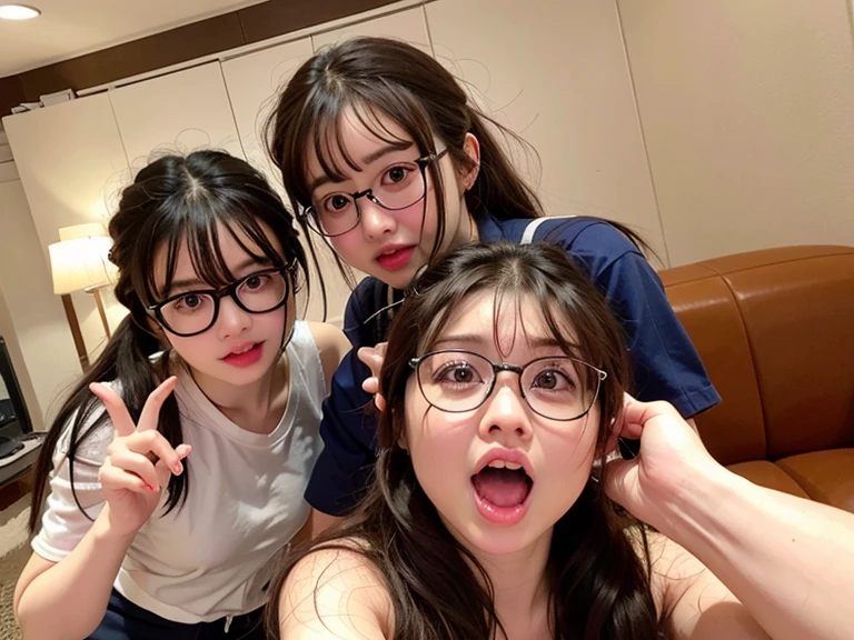 Three girls taking selfies with their mobile phones, student, wear glasses, The face is wet!!, 8k自拍photo, !!wear glasses!!, Very very low quality picture, wear glasses的, photo, Very very low quality, 3. Joy, Wearing round glasses, 用户photo, Wearing small round glasses, Shot with Sony alpha 9