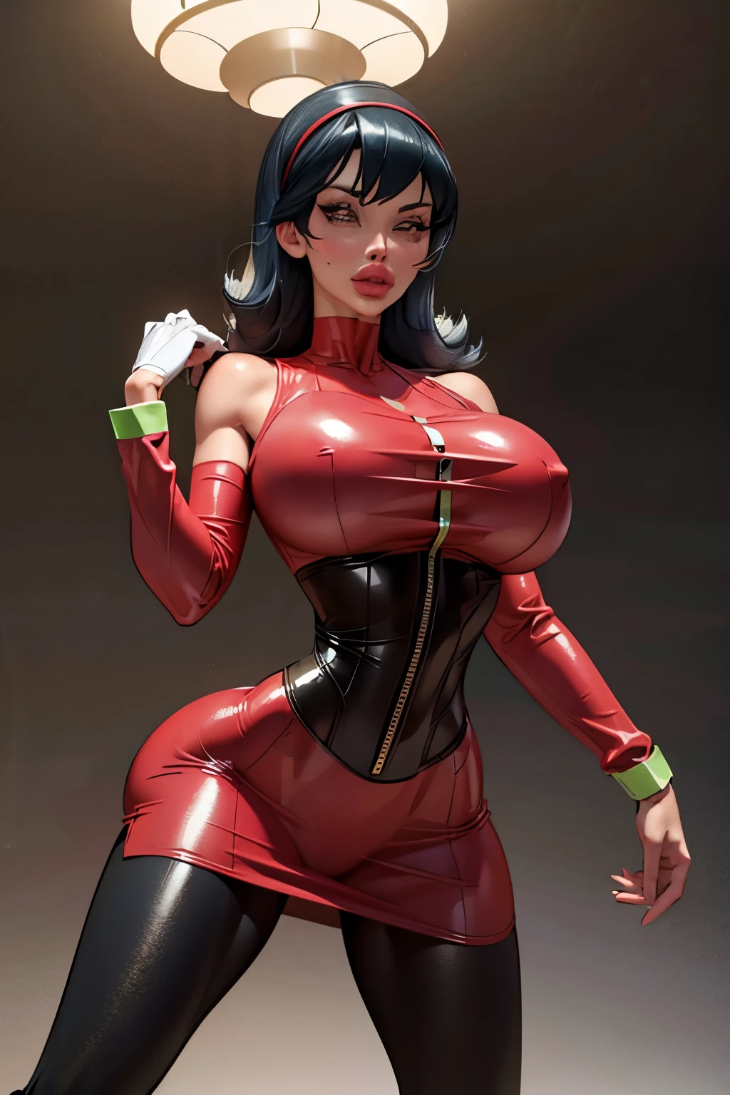 Generate an illustration of a mature Sabrina, gym leader of pokemon, (large shoulder pads), black gloves, (Aletta ocean face), hairband,  de terno preto, long straight hair, hair flows straight down, (dark black hair), long red dress, Red outfit in anime format with a serious style, button corset, black boots, gothic make up, masterpiece, dark lighting, black background, puffy lips,slendered abs, beautiful face,