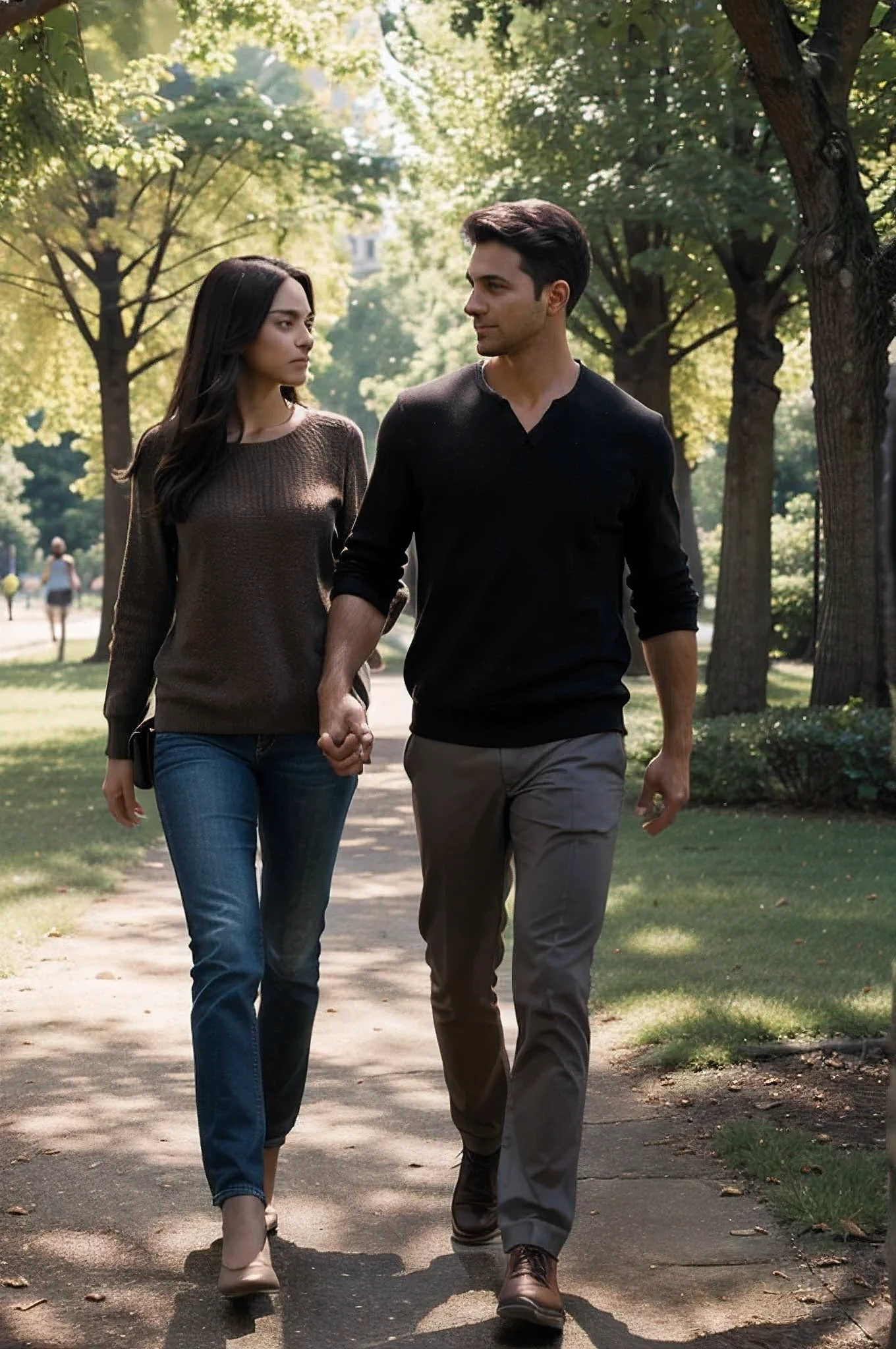 A handsome man walks while embracing a beautiful woman in a park on a beautiful afternoon, perfect anatomy, intricated detailes, high quality, ultra HD resolution