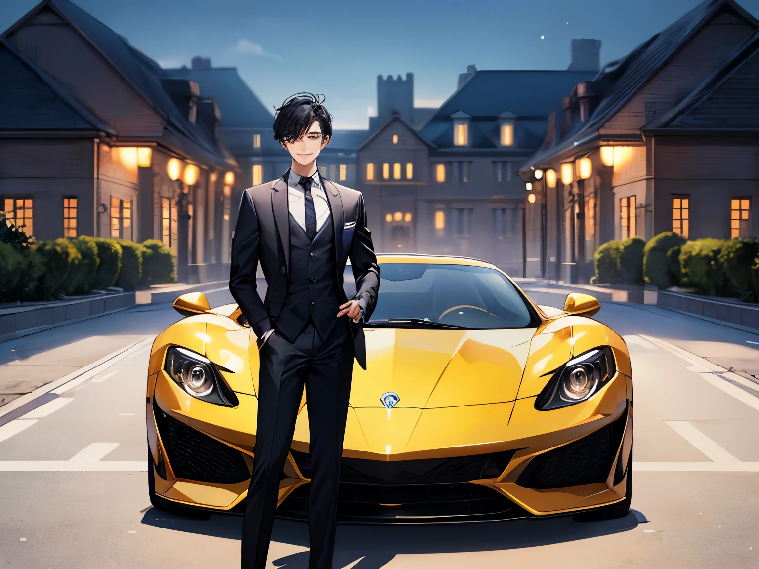 (Masterpiece), 25 year old male, 1man, solo, Short hair, neat suit, Black hair, Gray eyes, medium muscular body, Was standing in front of a sports car, luxury home background, Evening, Smiling faintly,