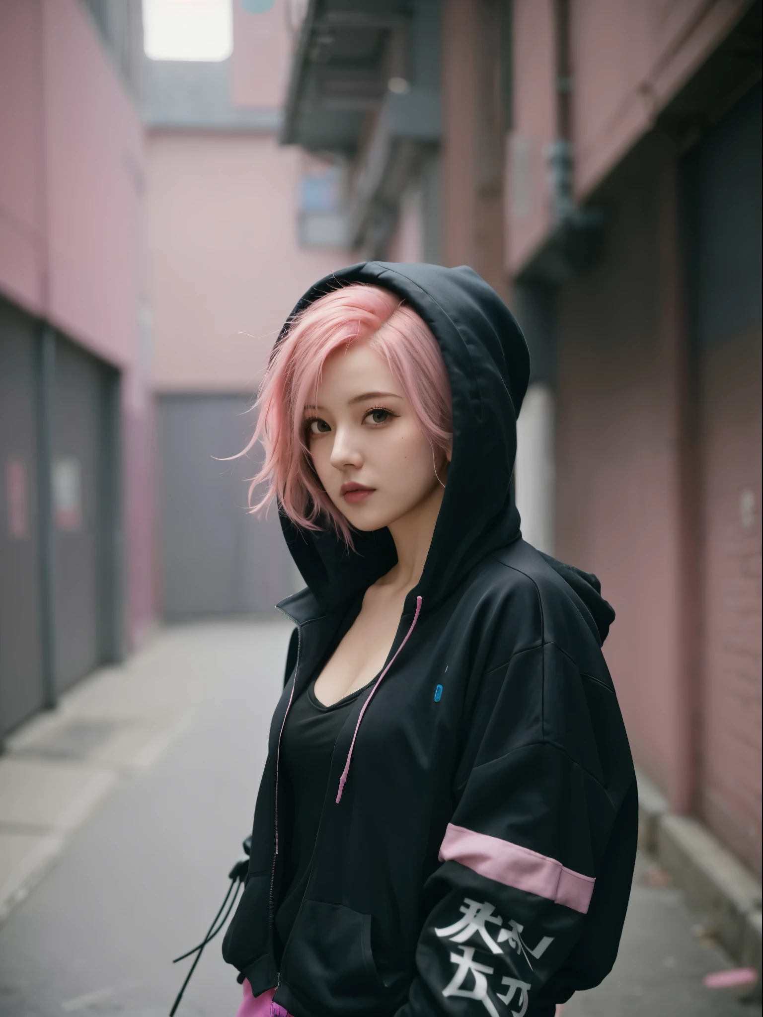 arafed woman pink hair and black jacket standing in alleyway, Cute girl with short pink hair, Photo of a woman in tech clothing, pink hair, Cyberpunk anime girl in hoodie, Fantastic cyberpunk girl, an emotional girl, girl wearing hoodie, pink girl, wearing cyberpunk streetwear, Cyberpunk beautiful girl, cyberpunk streetwear, Beautiful cyberpunk woman model, female cyberpunk anime girl