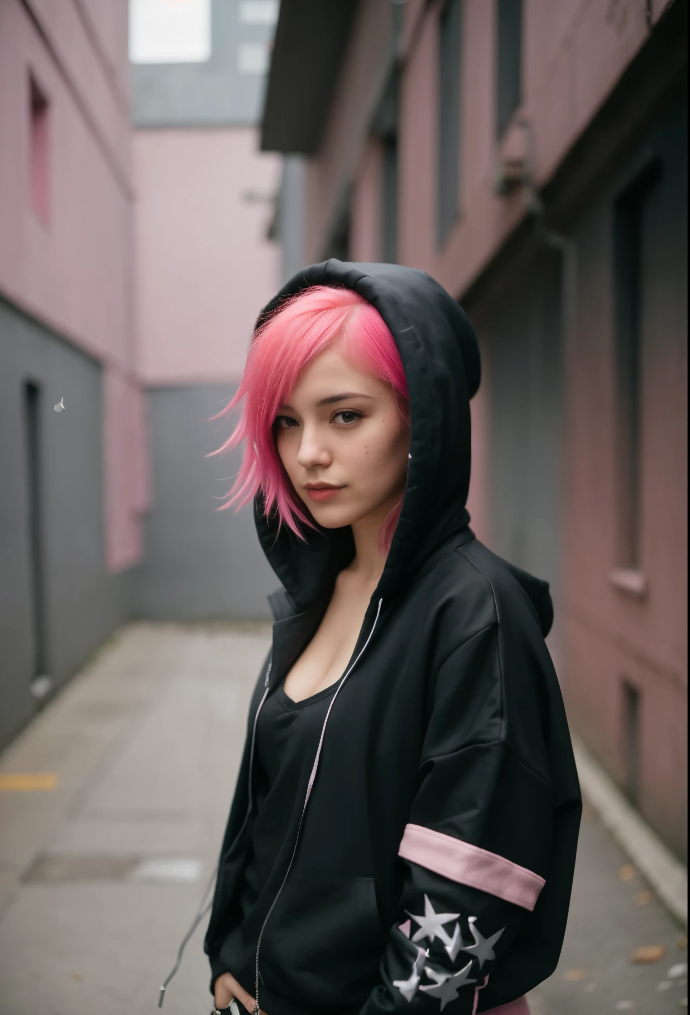 arafed woman pink hair and black jacket standing in alleyway, Cute girl with short pink hair, Photo of a woman in tech clothing, pink hair, Cyberpunk anime girl in hoodie, Fantastic cyberpunk girl, an emotional girl, girl wearing hoodie, pink girl, wearing cyberpunk streetwear, Cyberpunk beautiful girl, cyberpunk streetwear, Beautiful cyberpunk woman model, female cyberpunk anime girl