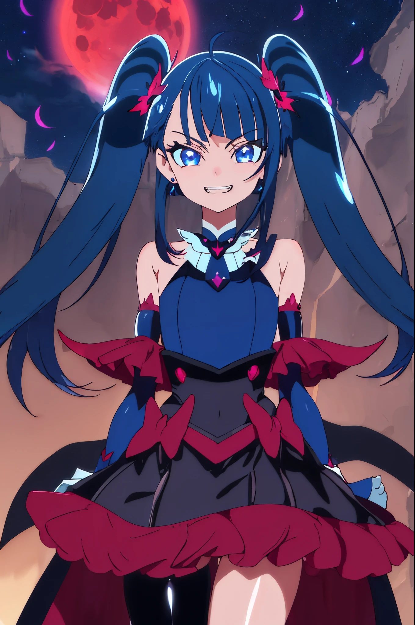 best quality, ultra detailed,1girl, solo, {cure_sky_hirogaruskyprecure:1.15}, dark blue hair, blue eyes, blue flame on eyes, longhair, twintails, magical girl, bangs, open mouth, red hair, multicolored hair, 1girl, blunt bangs, darken clothes, hair ornament, evil smile, devilish aura (shiny fabric:1.5), full body shot, purple gem, seductive, blush, (beautiful detailed eyes:1.6), extremely detailed face, perfect lighting, extremely detailed CG, (perfect hands, perfect anatomy), devil, red and black color scheme, shiny material, smirks, black ribbon, black satin gloves, evil clover leaf ornament, black frills, jewelry, corruption, latex shine, black gothic cloak, evil grin, dark world background, red moon, cloudy sky, cg style, one-sided black wing,