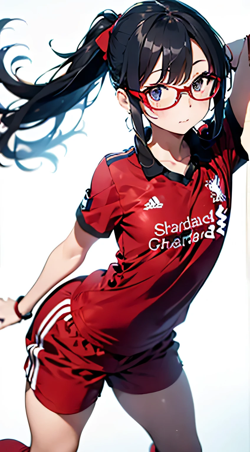 Liverpool Soccer Jerseys(sincerity),Immaculate world、pure white background、one girl,Full body standing,upright、upright in position, Very short pants,red pants, long socks, red socks,Glasses,Soccer Jerseys、Red Jersey、ponytail、liverpool jersey,thin and soft body, Very short pants,Insert the top of the head、clothes don'Don't make a mess,red Very short pants,from head to toe,He stood defiantly with his arms crossed.,red shorts,