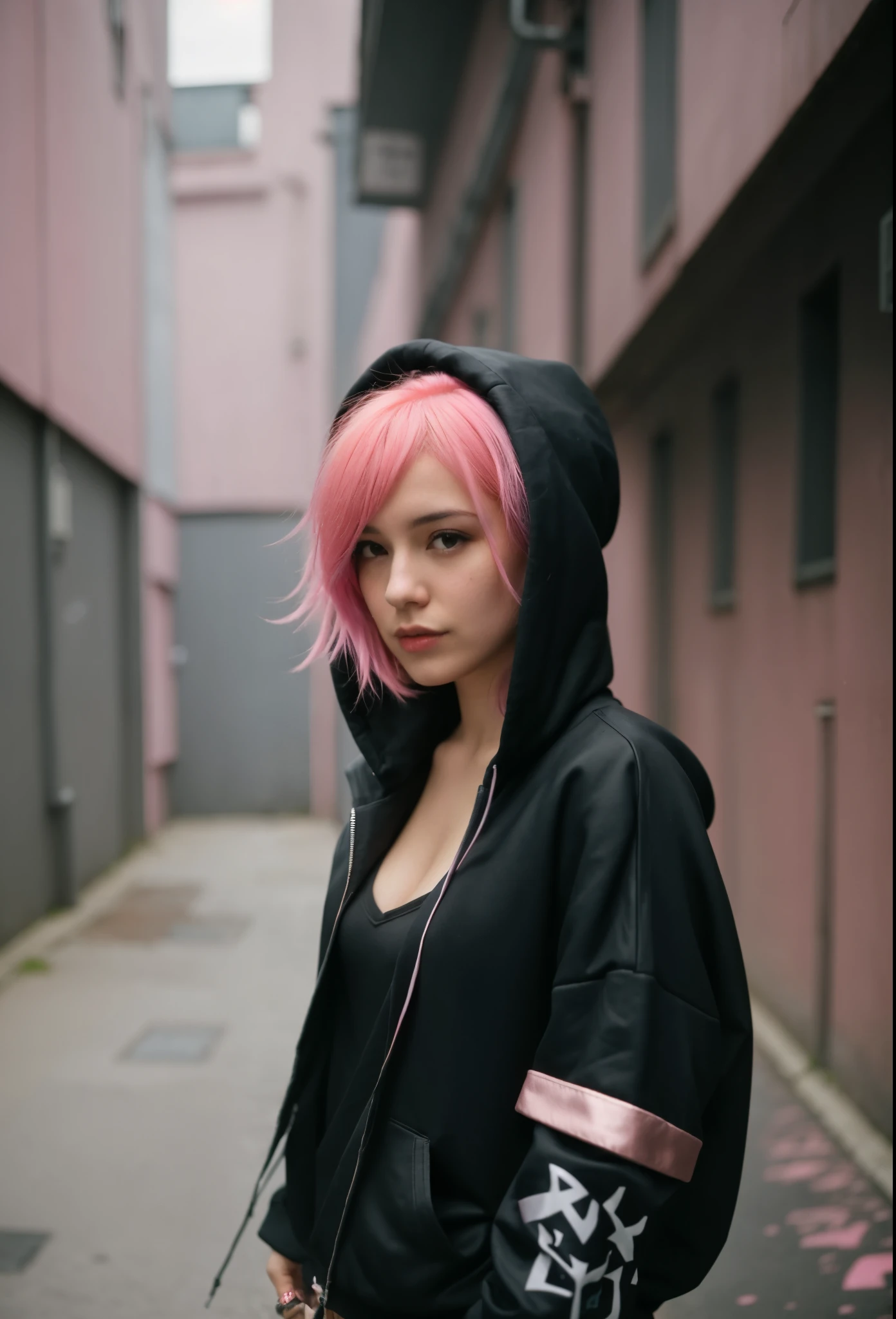 arafed woman pink hair and black jacket standing in alleyway, Cute girl with short pink hair, Photo of a woman in tech clothing, pink hair, Cyberpunk anime girl in hoodie, Fantastic cyberpunk girl, an emotional girl, girl wearing hoodie, pink girl, wearing cyberpunk streetwear, Cyberpunk beautiful girl, cyberpunk streetwear, Beautiful cyberpunk woman model, female cyberpunk anime girl