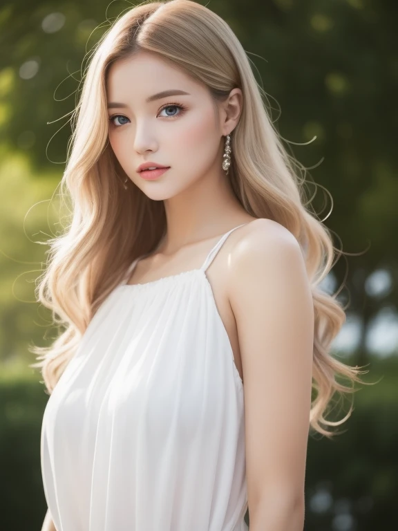 幻想的な空間に佇むbeautiful女性, White and gold tight micro dress, 8k, masterpiece, highest quality, expensive quality:1.4),Front view, eye_touch,Multiple photo poses, Very cute face, and very pretty eyes, Cute Images, Cute Images, Half Body,Long legs,Slim and sexy body, 背のexpensive女性, height: 177cm, alone, beautiful, Lovely, Adorable, Pale skin, 18〜22 year old German woman, look beautiful German girl and blue eyes or green eyes with platinum blonde hair color), Scandinavian German girl, Half Girl,expensive_all,Large Breasts、Cleavage