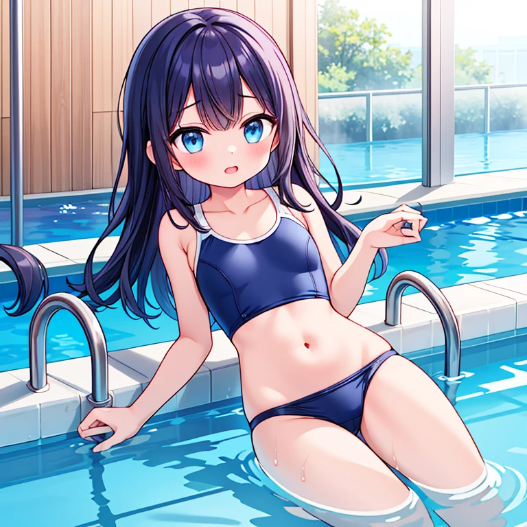 1girl, blue school swimsuit, panty shot, school swimming pool,