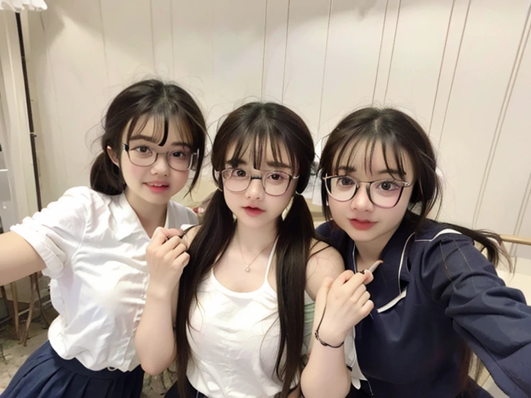 Three girls taking selfies with their mobile phones, student, wear glasses, The face is wet!!, 8k自拍photo, !!wear glasses!!, Very very low quality picture, wear glasses的, photo, Very very low quality, 3. Joy, Wearing round glasses, 用户photo, Wearing small round glasses, Shot with Sony alpha 9