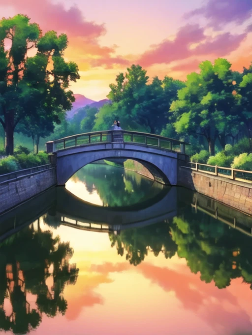 Solo, 1 boy, black hair, short hair, spiked hair, brown eyes, outdoors, forest, woods, trees, long white collar sleeve shirt, blue jeans, upper body,  intricate details, sharp focus, high resolution, the background of beautiful flower park with trees and canals with a bridge, beautiful sunset, smile, walking, anime style, vibrant, highly detailed, 