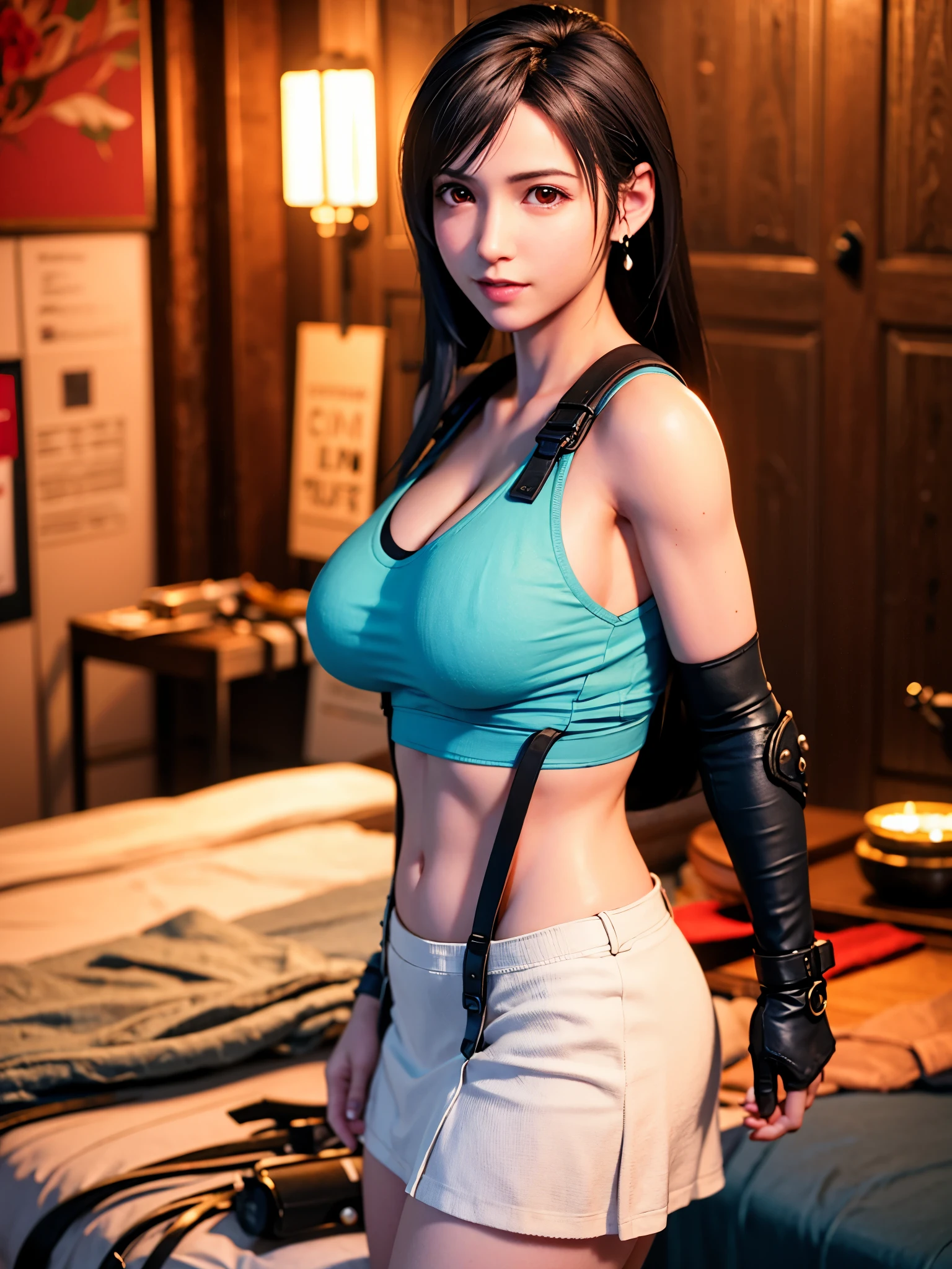 8k,masterpiece, BSET quality,Huge 、（One Girl）、Tifa Lockhart、red_eye、Black Hair、Long Hair、Fluttering hair， Adult Beauty、Glowing Skin、Shiny big、 ((highest quality))、 Sharp focus:1.2、Highly detailed face and skin texture、詳細なeye、Perfect Face、Perfect body、art、CG、Blur the background、large chest with presence、（20 years,大人っぽいクールでbeautiful顔立ち）、wear ((Suspender Black Skirt)),(( Black elbow gloves,White tight shirt、thigh、White tank top、Ankle boots、redいブーツ、belly button、red blush))、Upper Body、Laughter,Professional light source、Fluttering Hair、Random Angle、 Low waist，Thick tight、Face Light， Cinema Lighting、Midgar、Random Pause、Sexy pose、View your viewers, Urban beautiful, masterpiece, Street background, beautiful, elegant. Extremely fine detail, Master Works, Authentic texture, Cinema Lightingのリアリズム, Perfect job, 16k, High resolution, exquisite features, Japanese Idols、beautiful顔、Cute Smile、beautiful hair、glamorous、 Big Breasts、Erect nipples、Sexy knitted sweaters, 明るい大きなeye, Smooth skin, 