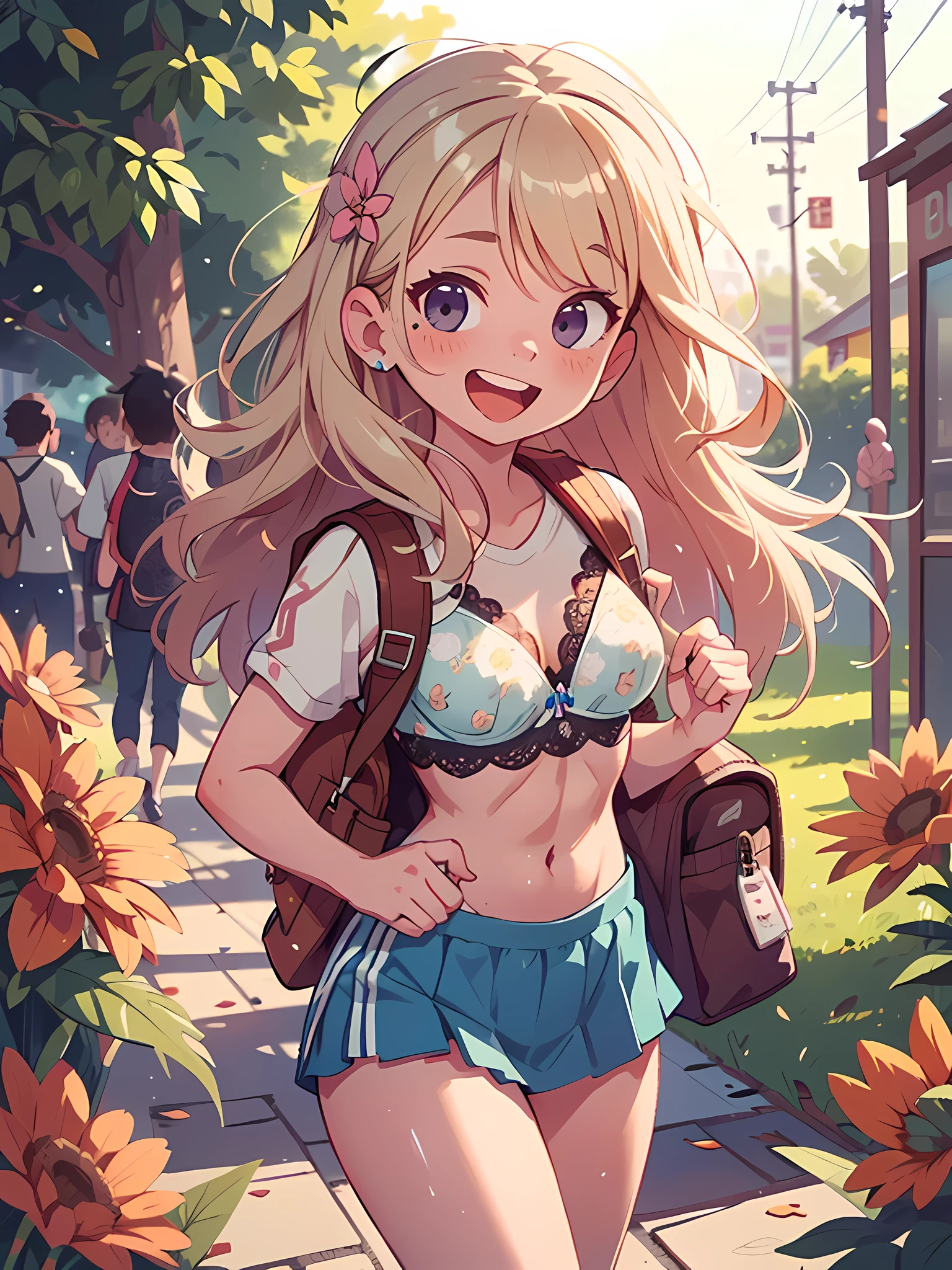 Malay girl very long white shiny hair, wear small floral pastel color lace bra and pleated short skirt slow run in college, jogging, wear backpack, front view, very long wavy white hair, messy hair, hair blown, windy, detail skin, age spot, detail skin texture, mole below eyes, small breast, flat chest, wide hips, small waists, thick thighs, slim abs, beautiful body, nighttime, laughing, happy, bright lighting, college student in background, crowded college, blur background, bokeh, 35mm lense, low angle Shot, Deep Focus cinematography effect, Natural Lighting, cool-toned color grading, high quality, ultra detail, 8k resolution, using Canon EOS C700,