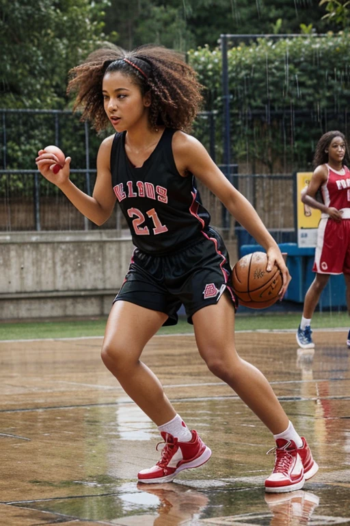 create a beautiful curly head playing basketball in the rain with red high tops with her team in coloring page with tons of detail