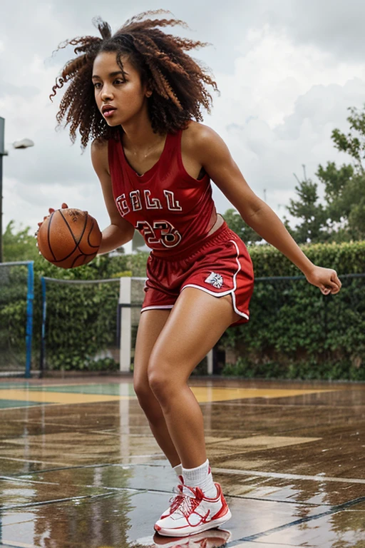 create a beautiful curly head  playing basketball in the rain with red high tops with her team in coloring page with tons of detail