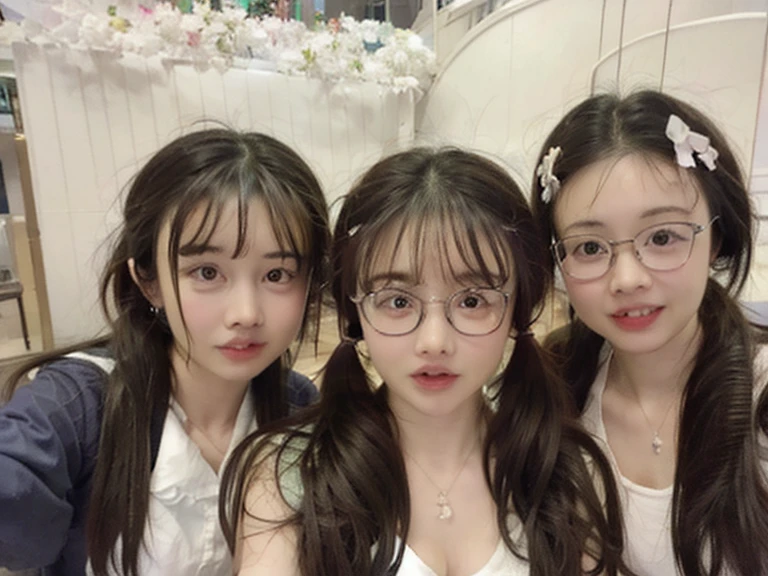 Three girls taking selfies with their mobile phones, student, wear glasses, The face is wet!!, 8k自拍photo, !!wear glasses!!, Very very low quality picture, wear glasses的, photo, Very very low quality, 3. Joy, Wearing round glasses, 用户photo, Wearing small round glasses, Shot with Sony alpha 9