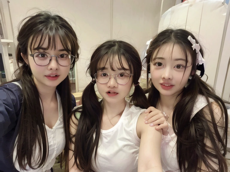 Three girls taking selfies with their mobile phones, student, wear glasses, The face is wet!!, 8k自拍photo, !!wear glasses!!, Very very low quality picture, wear glasses的, photo, Very very low quality, 3. Joy, Wearing round glasses, 用户photo, Wearing small round glasses, Shot with Sony alpha 9