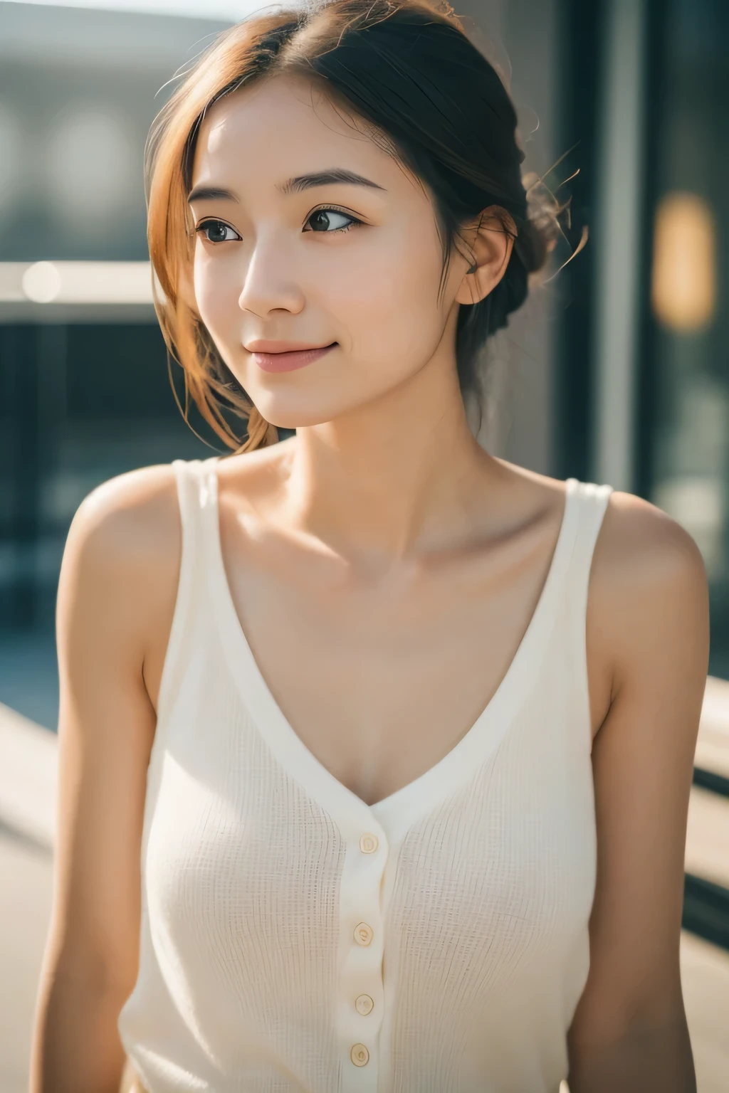 A close-up portrait of a confident and supportive friend in a modern urban setting, captured by  with a Canon 5D Mark IV camera, using an aperture of f/1.8, ISO 400, and a shutter speed of 1/200 sec. The photograph has a warm color temperature, with the subject's face illuminated by soft, natural light that creates a gentle glow on their skin. The composition emphasizes the person's expression of trust and encouragement, with a focus on their eyes that reflect wisdom and compassion. The overall atmosphere of the photo is uplifting and empowering, conveying a sense of strong emotional connection and unwavering support.