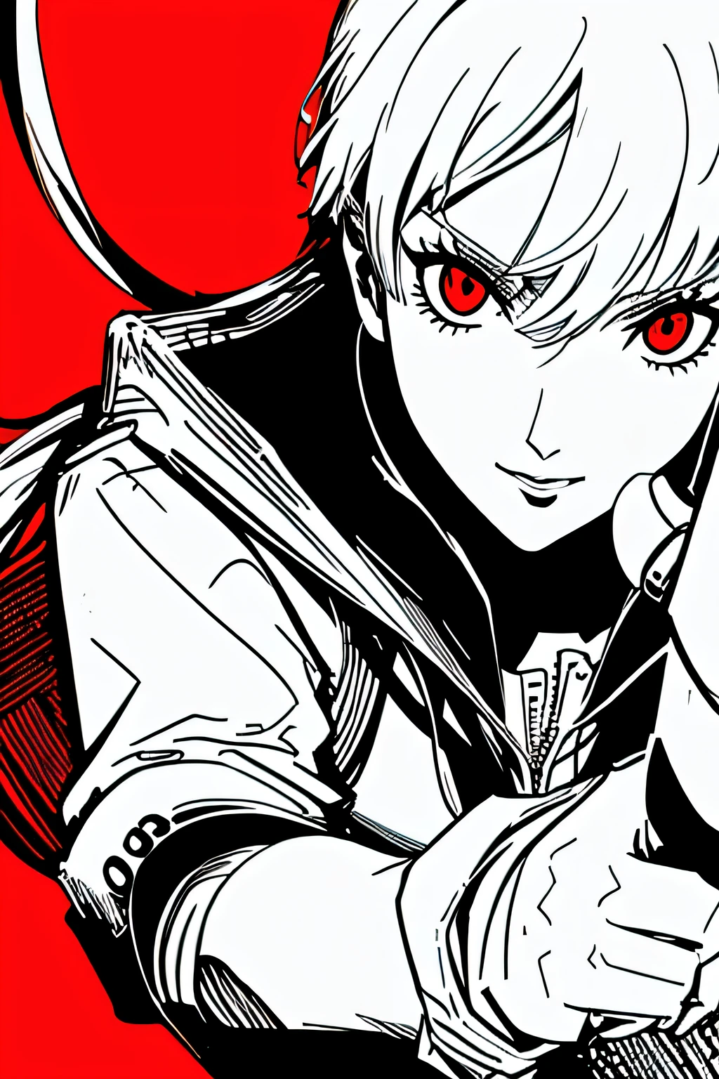 red_black_white,(masterpiece, highest quality:1.3), 1 girl, cel shading, bold outline, flat color, sharp shadows, graphic style, (Manga influence), beautiful line drawing, (striking visuals),