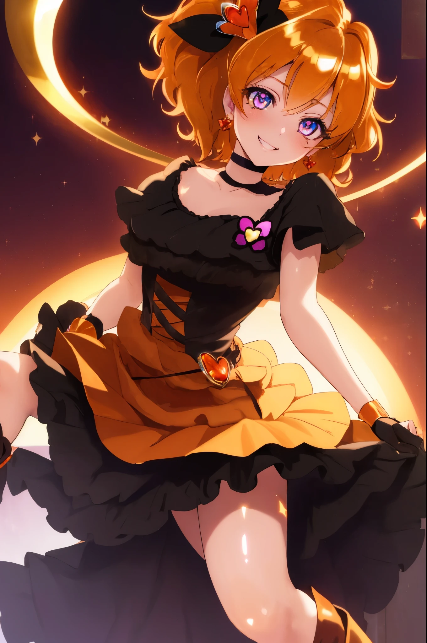 best quality, ultra detailed,1girl, solo, {cure pine}, precure, one side up, short hair, hair ribbon, frills, short sleeves, wrist cuffs, dark orange choker, dark orange boots, dark yellow skirt, darken clothes, evil smile, devilish aura (shiny fabric:1.5), full body shot, purple gem, seductive, blush, (beautiful detailed eyes:1.6), extremely detailed face, perfect lighting, extremely detailed CG, (perfect hands, perfect anatomy), devil, red and black color scheme, shiny material, smirks, black ribbon, black satin gloves, evil clover leaf ornament, black frills, jewelry, corruption, latex shine, black gothic cloak, evil grin, dark world background, red moon, cloudy sky, cg style, one-sided black wing,