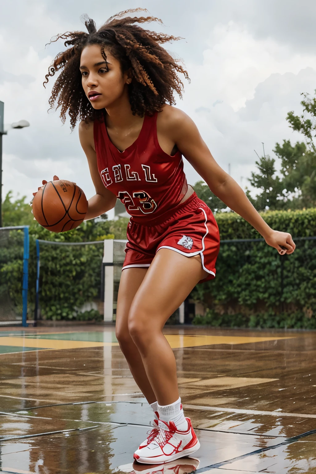 create a beautiful curly head playing basketball in the rain with red high tops with her team in coloring page with tons of detail
