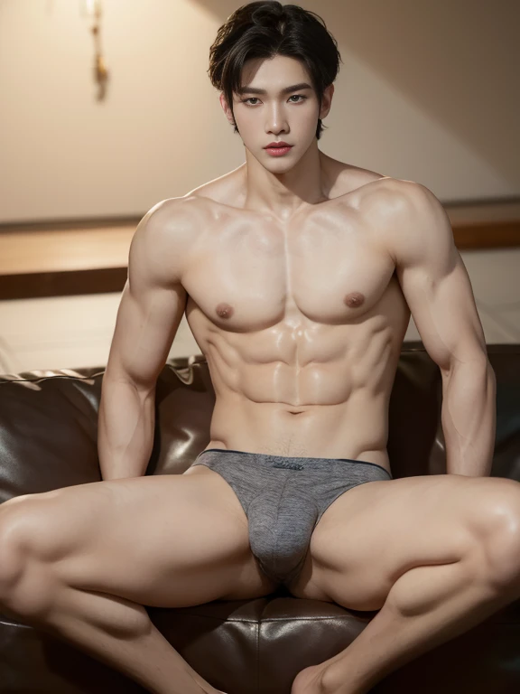 Asia male model in a briefs, handsome man, Full body shot, korean hair style, I'm a wave., Look at the camera., Facial details, อย่างลูกman, Charmers, Active Boy, sitting on the sofa, open legs, Freestyle moves, happy expression, perfect anatomy, Symmetrical body, Asia boy 19 years old, shirtless :: Highly detailed, Asia, a little six packs charming body, realistic, human skin, short hairstyle, handsome chad chin, shirtless, handsome, charming, man, sexually charming, human skin, (Make eye contact), handsome, charming, Inflate in underwear