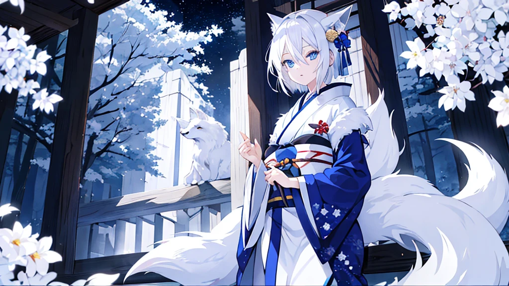 White hair girl fox blue eyes kimono night moon