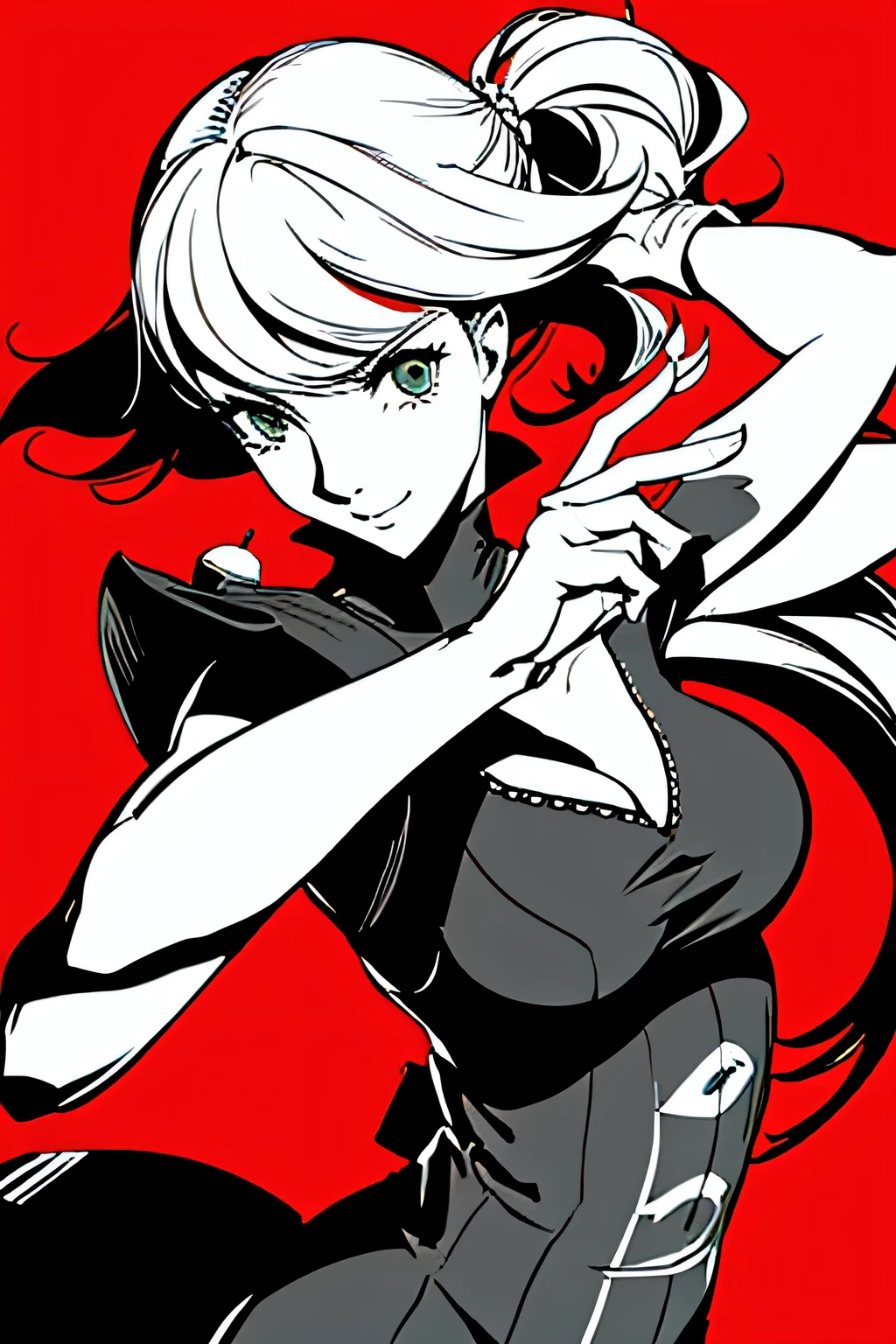 red_black_white,(masterpiece, highest quality:1.3), 1 girl, cel shading, bold outline, flat color, sharp shadows, graphic style, (Manga influence), beautiful line drawing, (striking visuals),