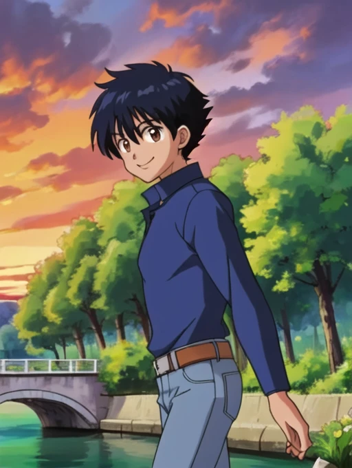 Solo, 1 boy, male, black hair, short spiked hair, brown eyes, outdoors, forest, woods, trees, long white collar sleeve shirt, blue jeans, upper body, intricate detail, sharp focus, high resolution, the background of beautiful flower park with trees and canals with a bridge, beautiful sunset, smile, walking, anime style, vibrant, highly detailed,