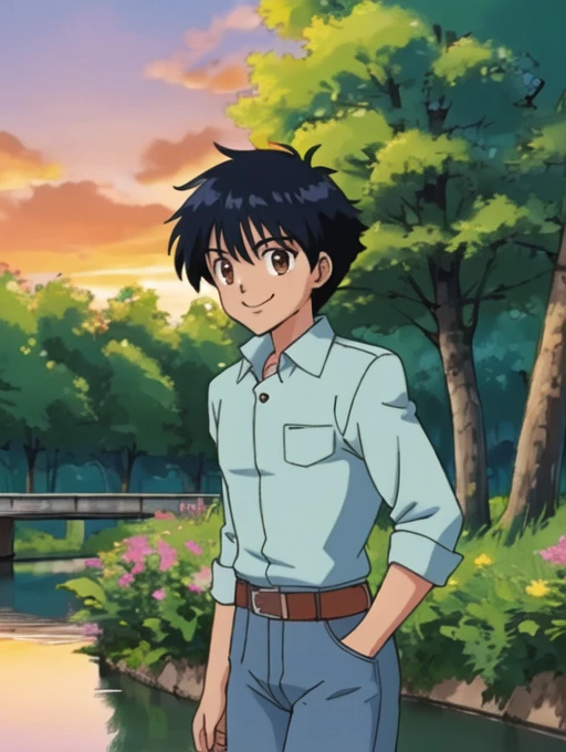 Solo, 1 boy, male, black hair, short spiked hair, brown eyes, outdoors, forest, woods, trees, long white collar sleeve shirt, blue jeans, upper body, intricate detail, sharp focus, high resolution, the background of beautiful flower park with trees and canals with a bridge, beautiful sunset, smile, walking, anime style, vibrant, highly detailed,