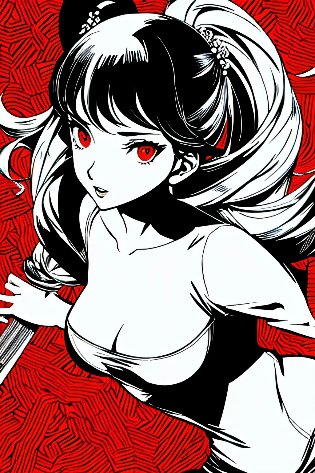 red_black_white,(masterpiece, highest quality:1.3), 1 girl, cel shading, bold outline, flat color, sharp shadows, graphic style, (Manga influence), beautiful line drawing, (striking visuals),