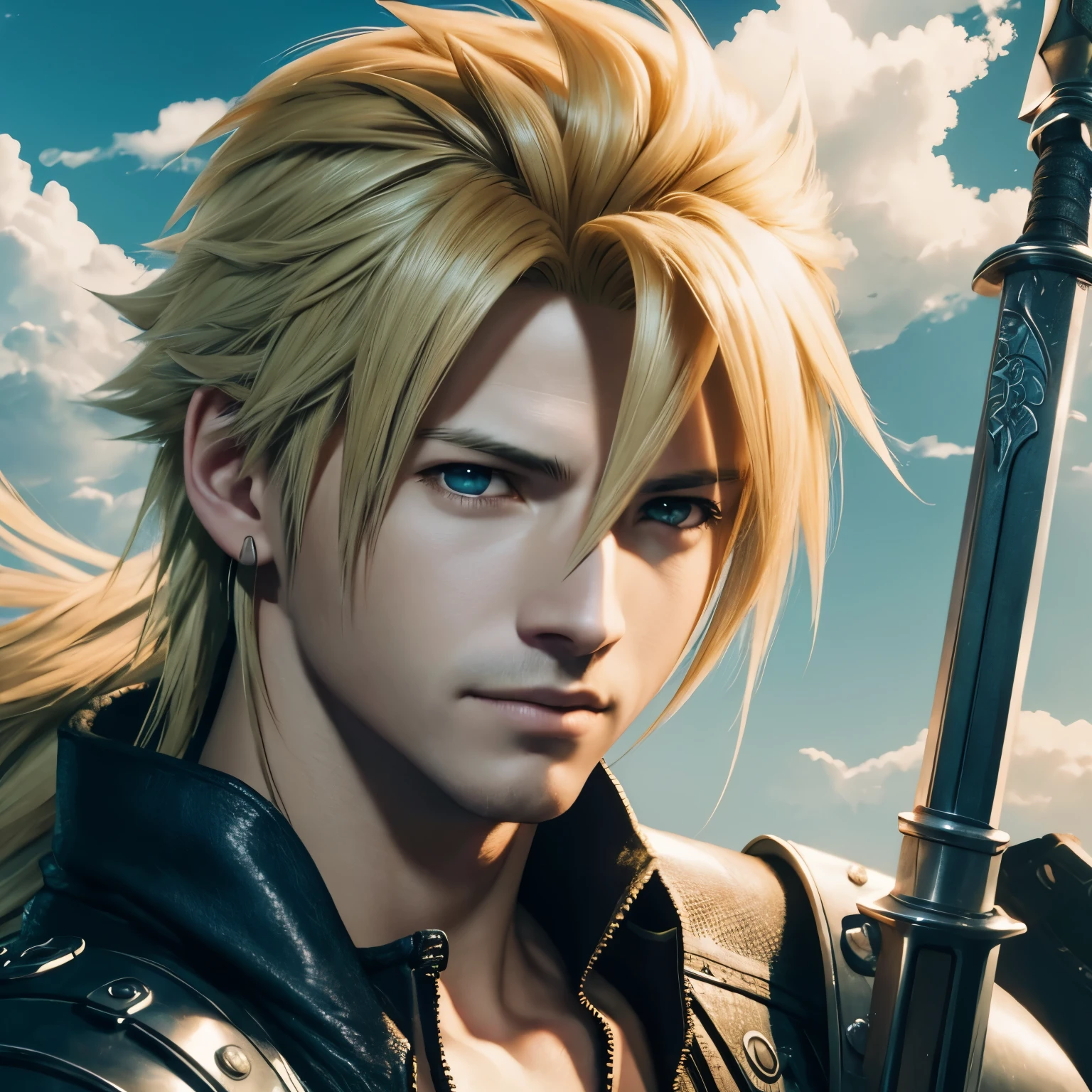 a close up of a person with a sword in a city, cloud strife, portrait of cloud strife, from final fantasy vii, final fantasy 7, from ff7, ff 7, cloud, from final fantasy, final fantasy face, final fantasy character, final fantasy, final-fantasy, final - fantasy, square enix, final fantsy, closeup portrait shot