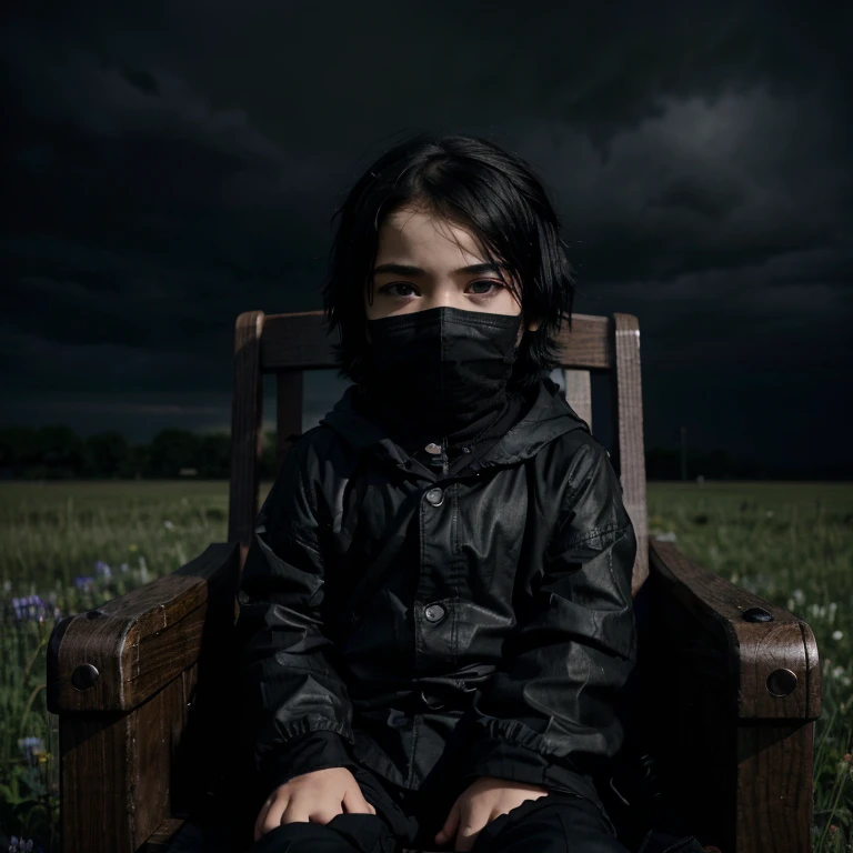 Fantasy , Dark vast sky rich of Clouds,Black sky in the Morning, meadow , Raining,rainny ,has a poor little boy sitting on the chair, sad eyes, sad face, helpless, sad,wear black mask, black hair, lonely, Anime would