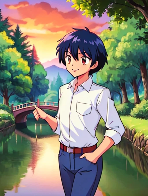 Solo, 1 boy, male, black hair, short spiked hair, brown eyes, outdoors, forest, woods, trees, long white collar sleeve shirt, blue jeans, upper body, intricate detail, sharp focus, high resolution, the background of beautiful flower park with trees and canals with a bridge, beautiful sunset, smile, walking, anime style, vibrant, highly detailed,