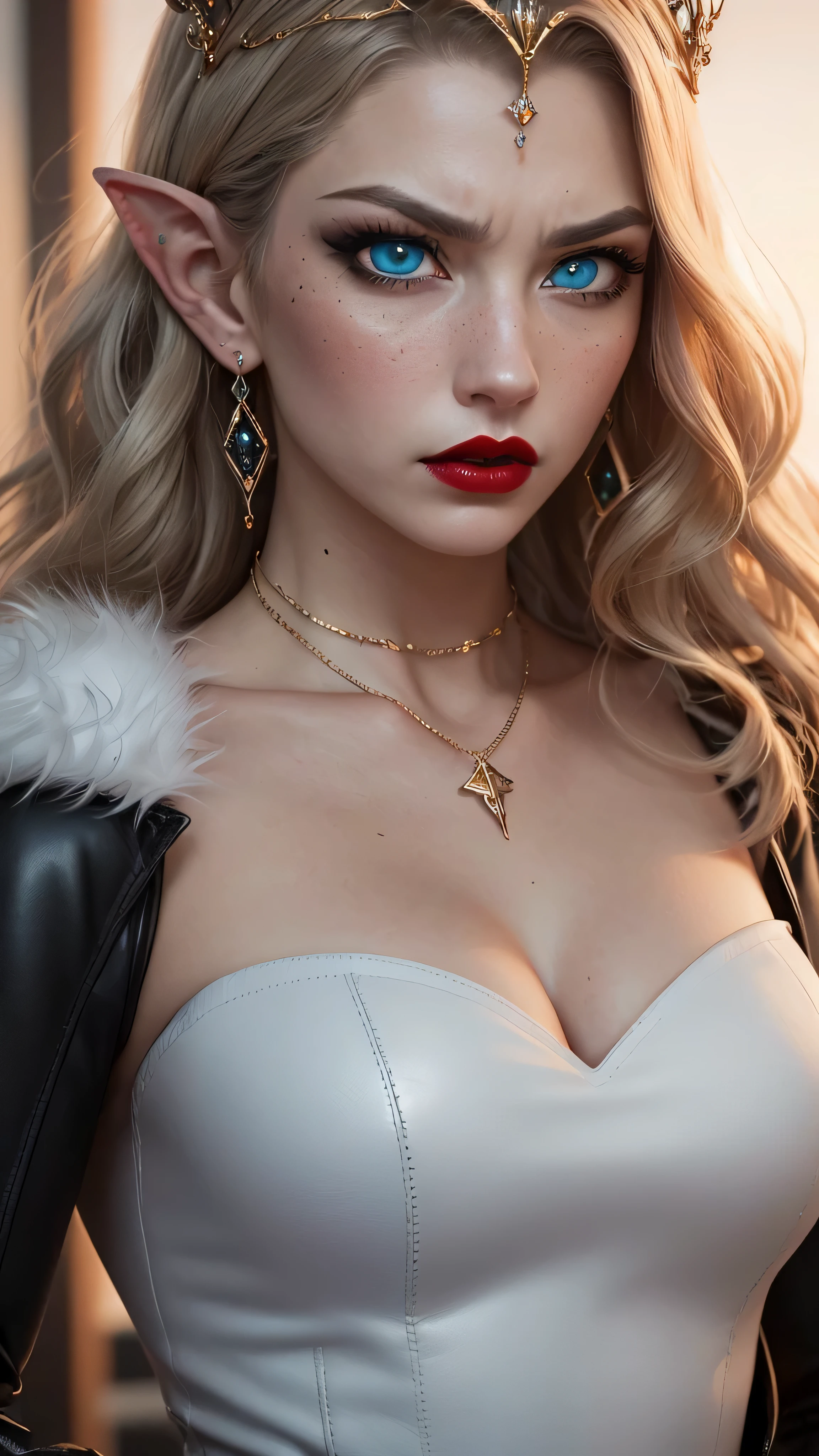 ((best quality: 1.5)) ((masterpiece: 0.8)), intricate details, sharp focus, professional, real life, realistic representation of the face, dim volumetric lighting, in the style of realistic and hyper detailed renderings BREAK ((((detailed mature 40year elven woman, ((blackout gothic eye makeup, red lips, ((tilted head, portrait, chin down, side view: 0.4)), furious), diamond tiara, golden hour, ice blue eyes, long wavy white hair, fur trim leather dress)), emerald necklace), nose piercing), freckles: 1.0), photorealistic, hyper-realistic, 8K