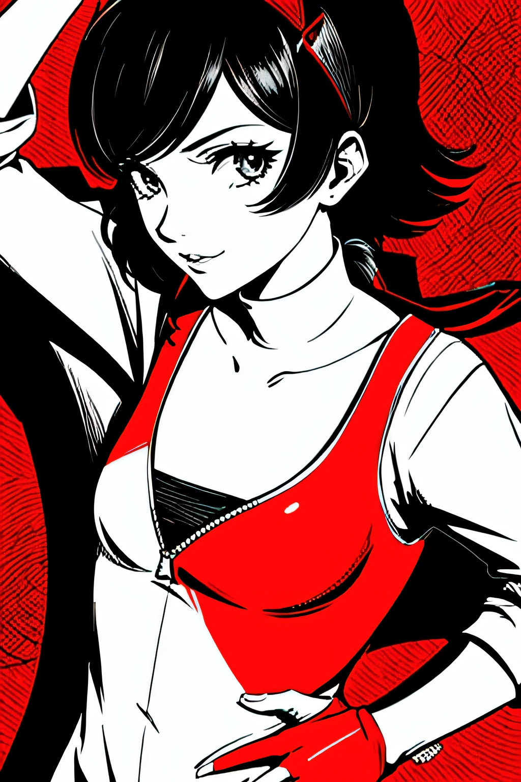 red_black_white,(masterpiece, highest quality:1.3), 1 girl, cel shading, bold outline, flat color, sharp shadows, graphic style, (Manga influence), beautiful line drawing, (striking visuals),