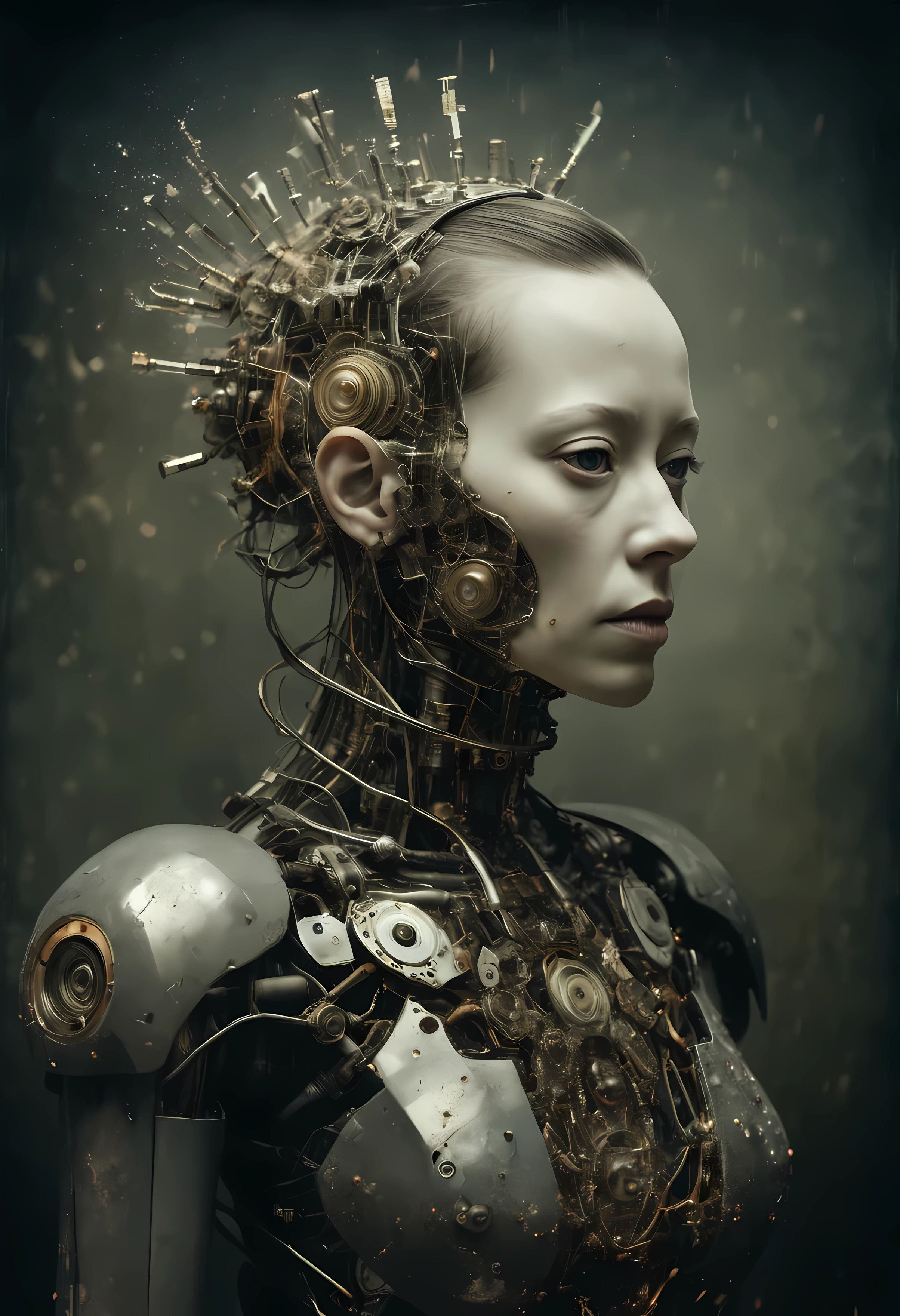 old wetplate daguerreotype dystopian portrait of a bio mechanical cyborg with crackle skin, explosion of glowing data fragments, fractals, intricate, elegant, highly detailed, avant-garde parallax, brutalism, leica, medium format, subsurface scattering, by jheronimus bosch and greg rutkowski, louis jacques mande daguerre, ray caesar