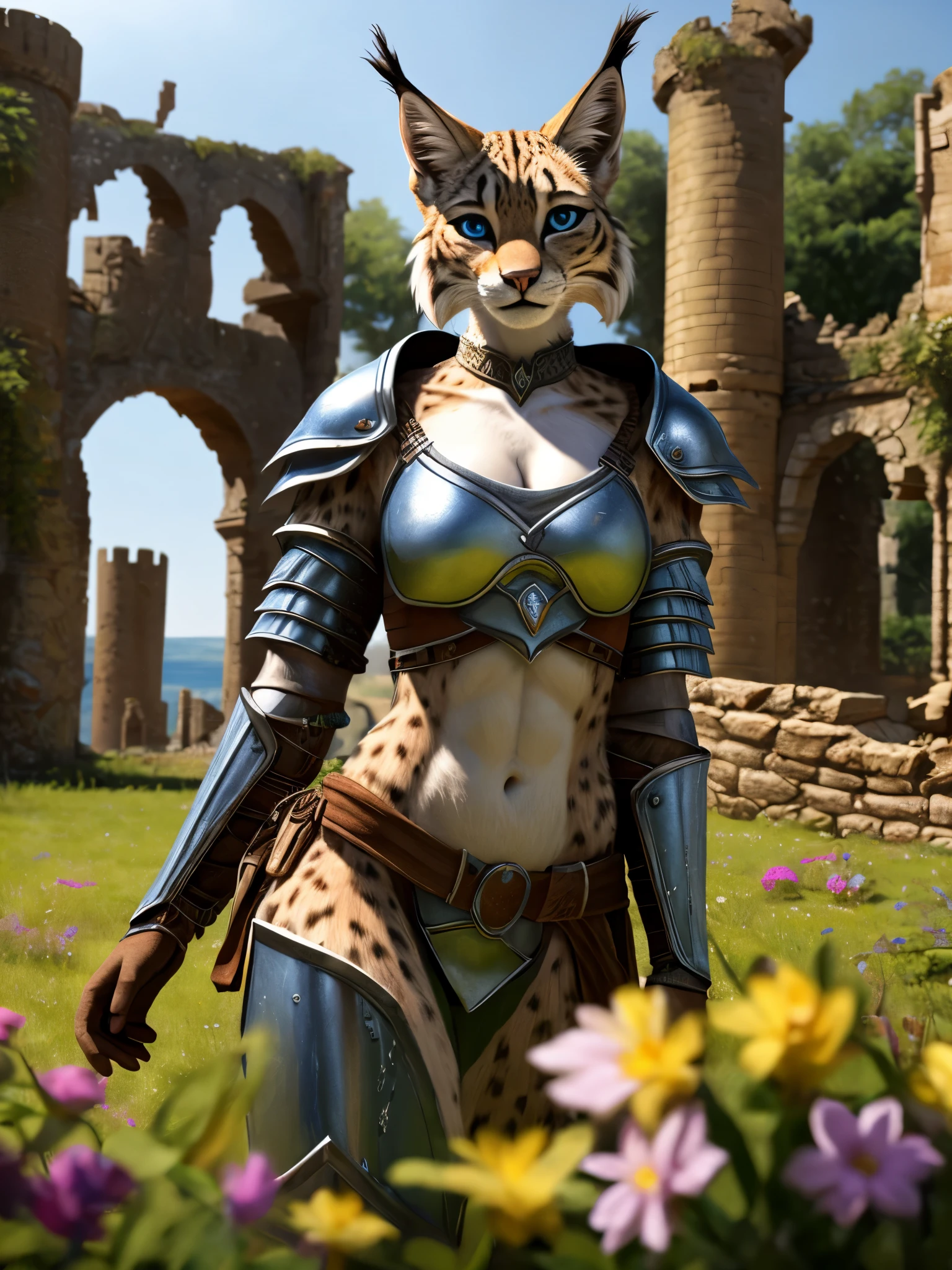 in the style of alsares, female anthro cute mammal lynx,feline, in a castle ruins, destroyed castle, ruins with vegetation, old medieval ruins, grass, flowers, drenched, hidden camera,beach, breasts, tail, detailed blue eyes,slim body, female muscles, athletic body,(Medieval armor, neckline, navel,metal armor), seductive, cute, detailed_background, (photorealism:0.6), detailed fur, subsurface scattering, real life, depth of field,