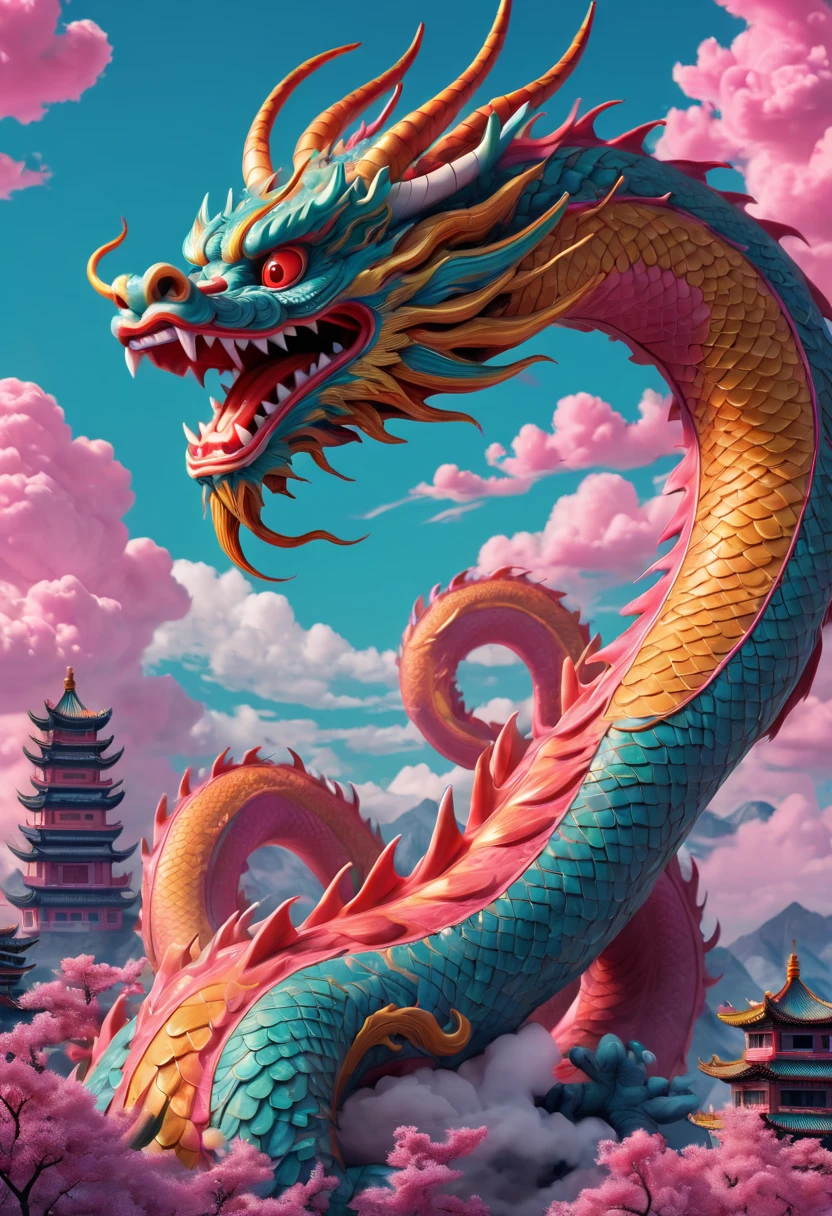 Sky dragon, chinese dragon, Vaporwave Aesthetic, panoramic view, Ultra high saturation, (best quality, masterpiece, Representative work, official art, Professional, 8k)