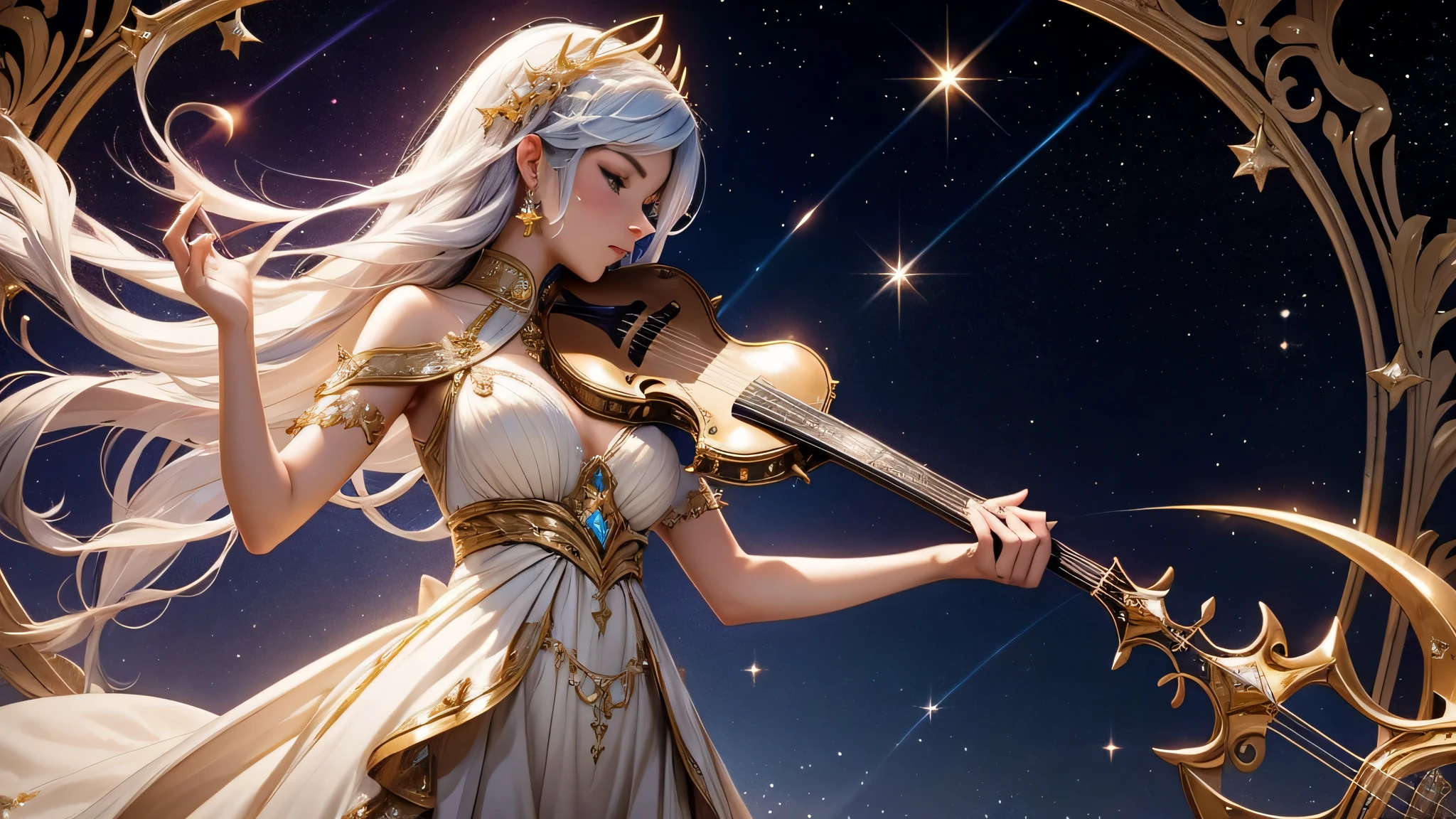 femmes, silhouette élégante, vêtue d'une robe parsemée d'étoiles scintillantes. Elle porte une lyre céleste, un instrument magique dont les cordes émettent des lumières astrales. Il y a des notes de musique tout autour d'elle. dans un style League of Legends.