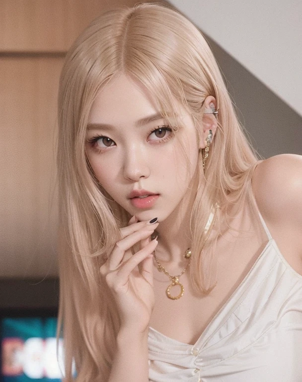 Mujer rubia con cabello largo y un collar posando para una foto, atuendo de colegiala, black nails, ojos celestes, blackpink rosé, manos en buen estado