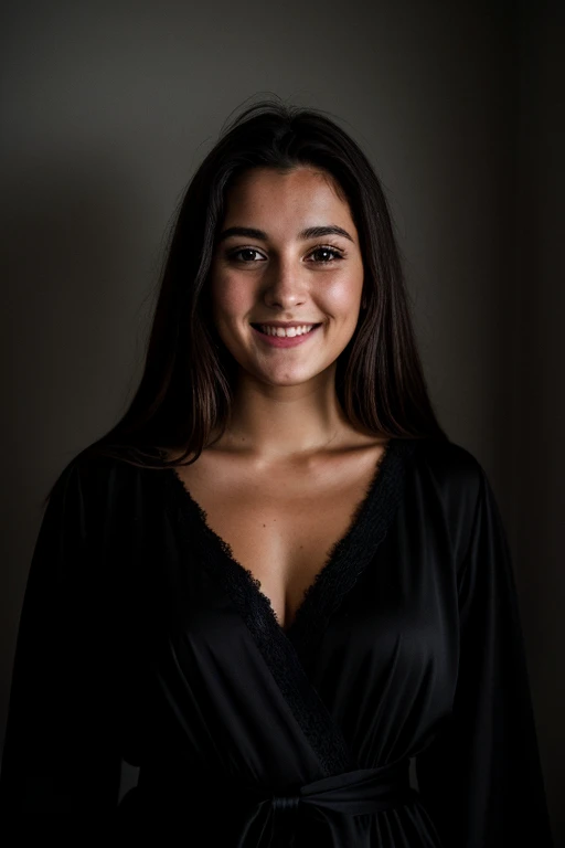 Photo brute, visage portrait photo d'une belle 26 ans.oh woman, Visage mignon, Porter une robe noire, happy face, ombres dures, cinematic plan, Dramatic lighting