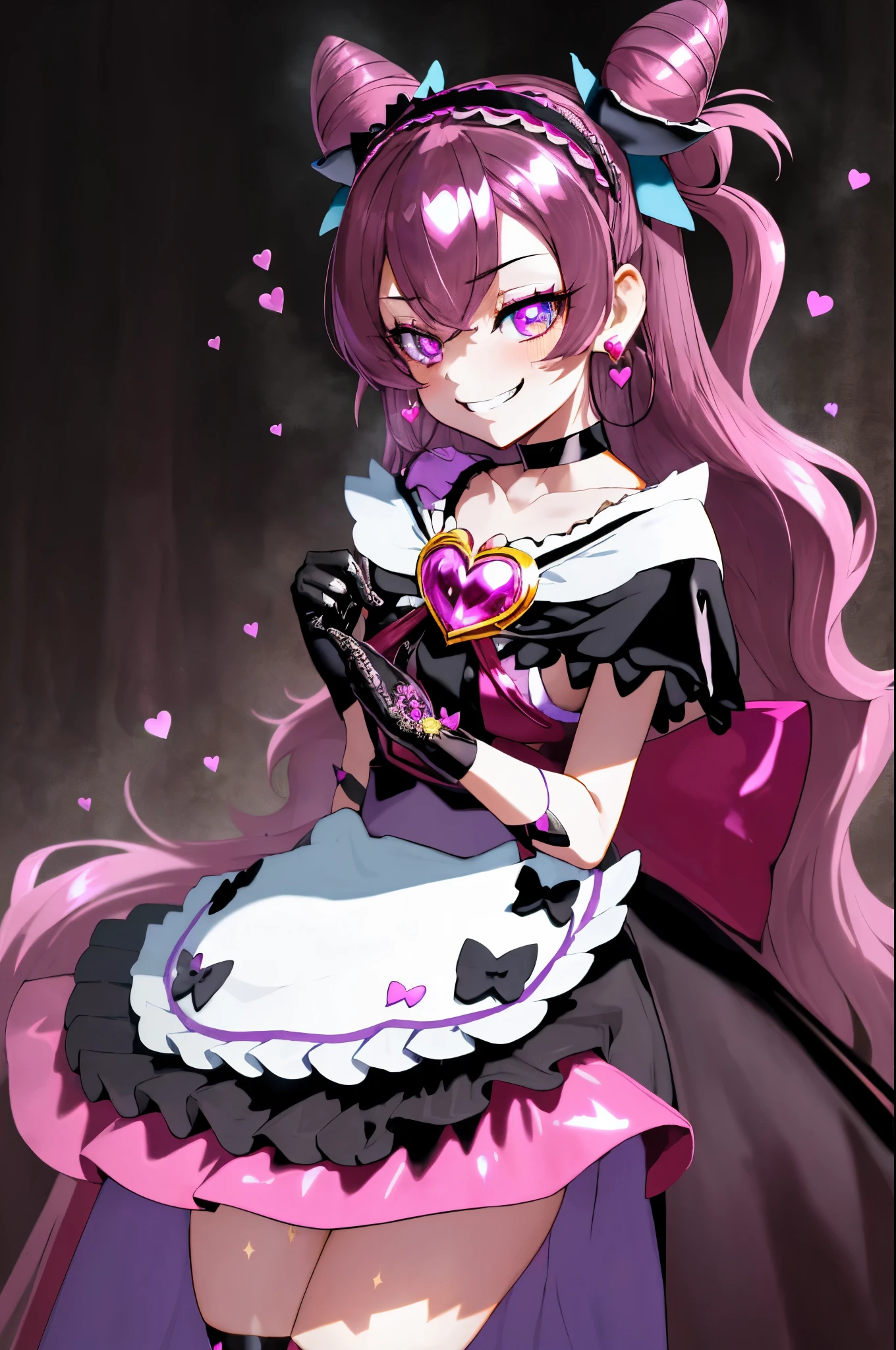 best quality, ultra detailed,1girl, solo, {CurePrecious}, long hair, black gloves, pink hair, bow, jewelry, earrings, cone hair bun, hair bow, purple eyes, dark red bow, shiny hair, hairband, collarbone, magical girl, heart brooch, dress, dark pink choker, short dress, skirt, blood stained apron, two side up, brooch, miniskirt, darken clothes, {evil smile}, devilish aura (shiny fabric:1.5), full body shot, purple gem, seductive, blush, (beautiful detailed eyes:1.6), extremely detailed face, perfect lighting, extremely detailed CG, (perfect hands, perfect anatomy), devil, red and black color scheme, shiny material, smirks, black ribbon, black satin gloves, evil clover leaf ornament, black frills, jewelry, corruption, latex shine, black gothic cloak, {evil grin}, dark world background, red moon, cloudy sky, cg style, one-sided black wing,