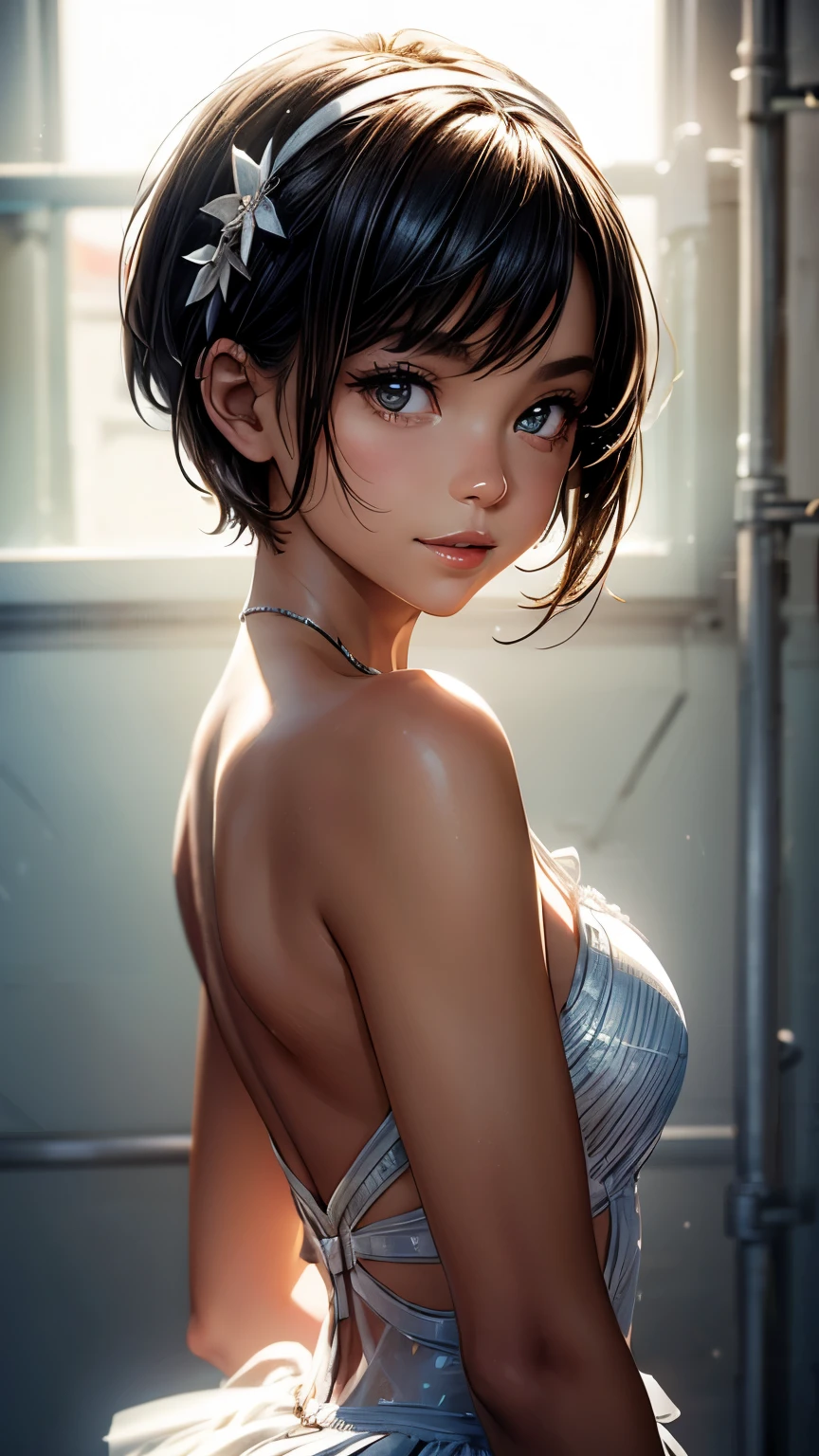 Dark-skinned tomboy girl with cut hair, large breast, rock hard nipples, sweat on breast, topless, Illustrated by Aoiro Studio and Masaaki Komori, hyper detailed, neons, lighting cinematic, peinture mate, illustrated in an oil painting style, Tendances sur ArtStation, Art contemporain, Surreal and dreamlike atmosphere.