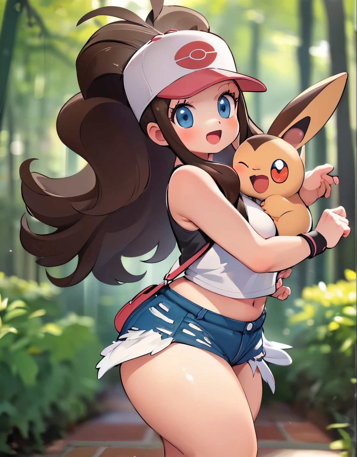 (best quality, highres, masterpiece:1.2), ultra-detailed, realistic:1.37, sketches, hilda pokemon, def1, curvy, visible thighs, chubby thighs, thick thighs, thighs in the foreground, body shape, loved look, smile, open mouth, encanto femenino, nsfw, 