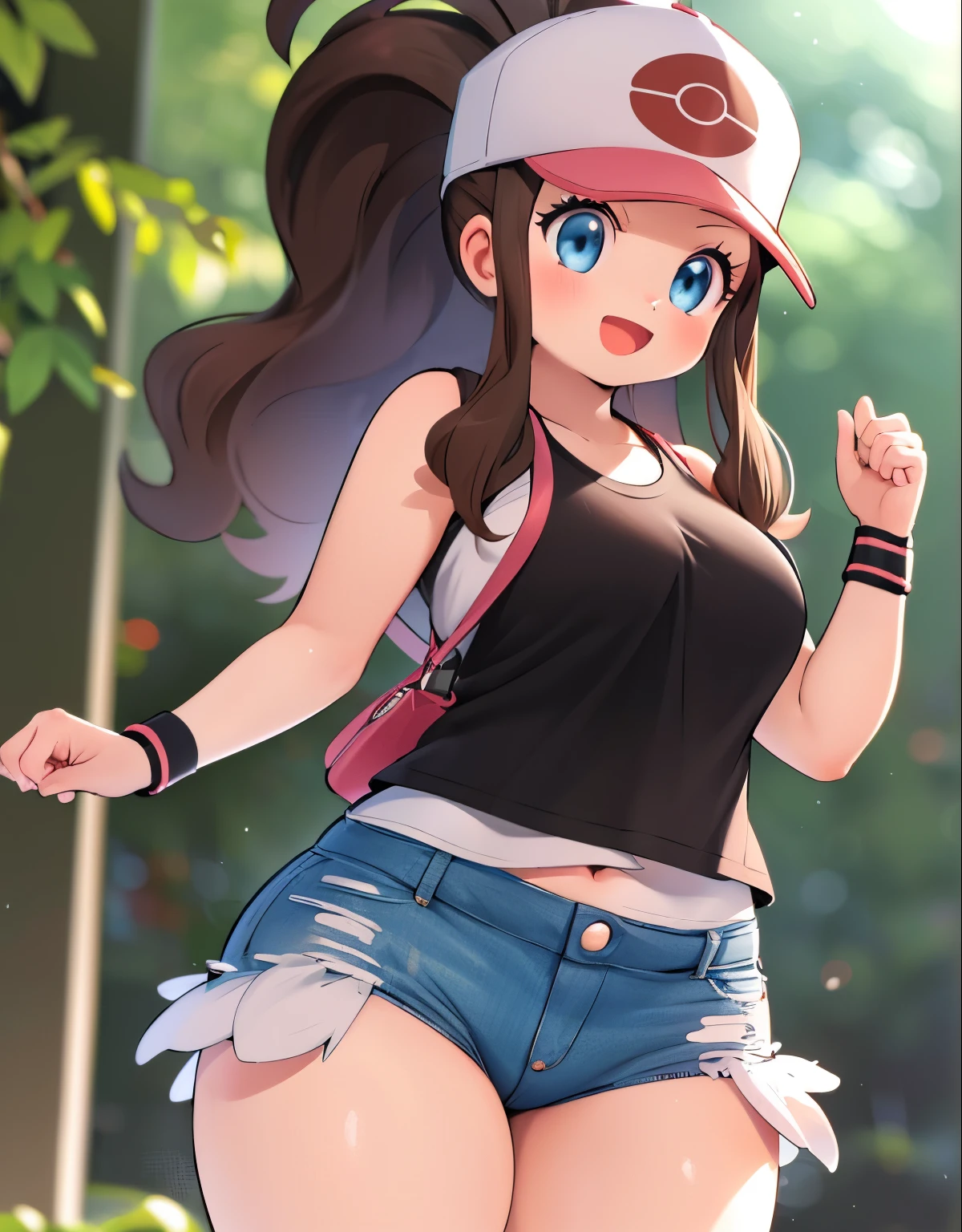 (best quality, highres, masterpiece:1.2), ultra-detailed, realistic:1.37, sketches, hilda pokemon, def1, curvy girl, legs together, curvy, visible thighs, chubby thighs, thighs in the foreground, body shape, sitting in a bench, into a stadium, watched by a crowd of men, they observe her body, vibrant colors, nervous look, fearful, afraid, timorous smile, looking_at_viewer, bis ass, wide hips, fullbody, high angle shot, high angle, she tries to hide her thighs with her hands